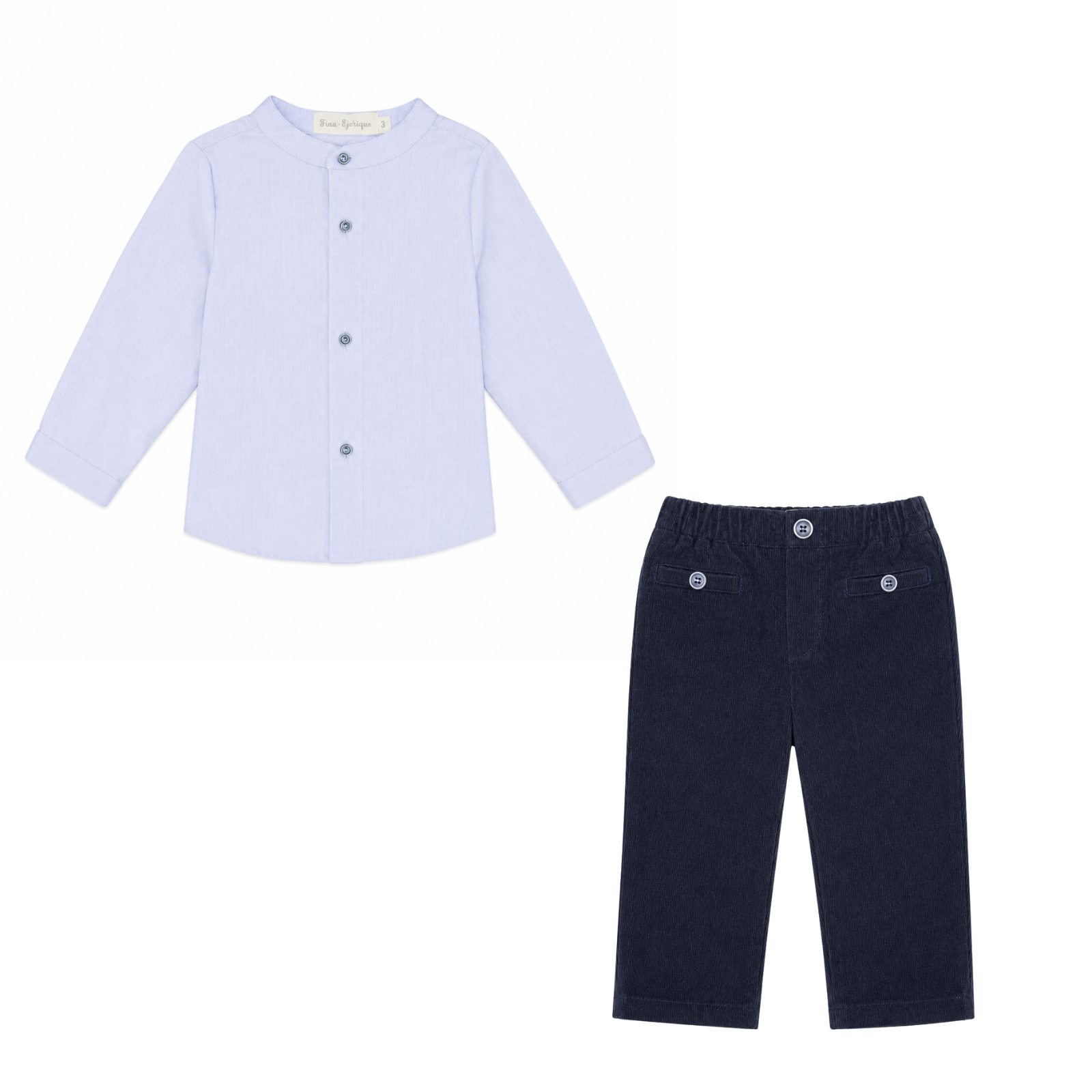 Conjunto camisa azul e calça azul marinho de menino da Fina Ejerique