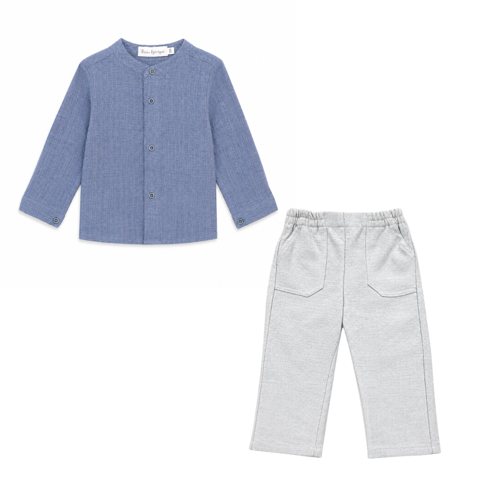 Conjunto menino camisa azul e calça cinza da Fina Ejerique "BLUE"