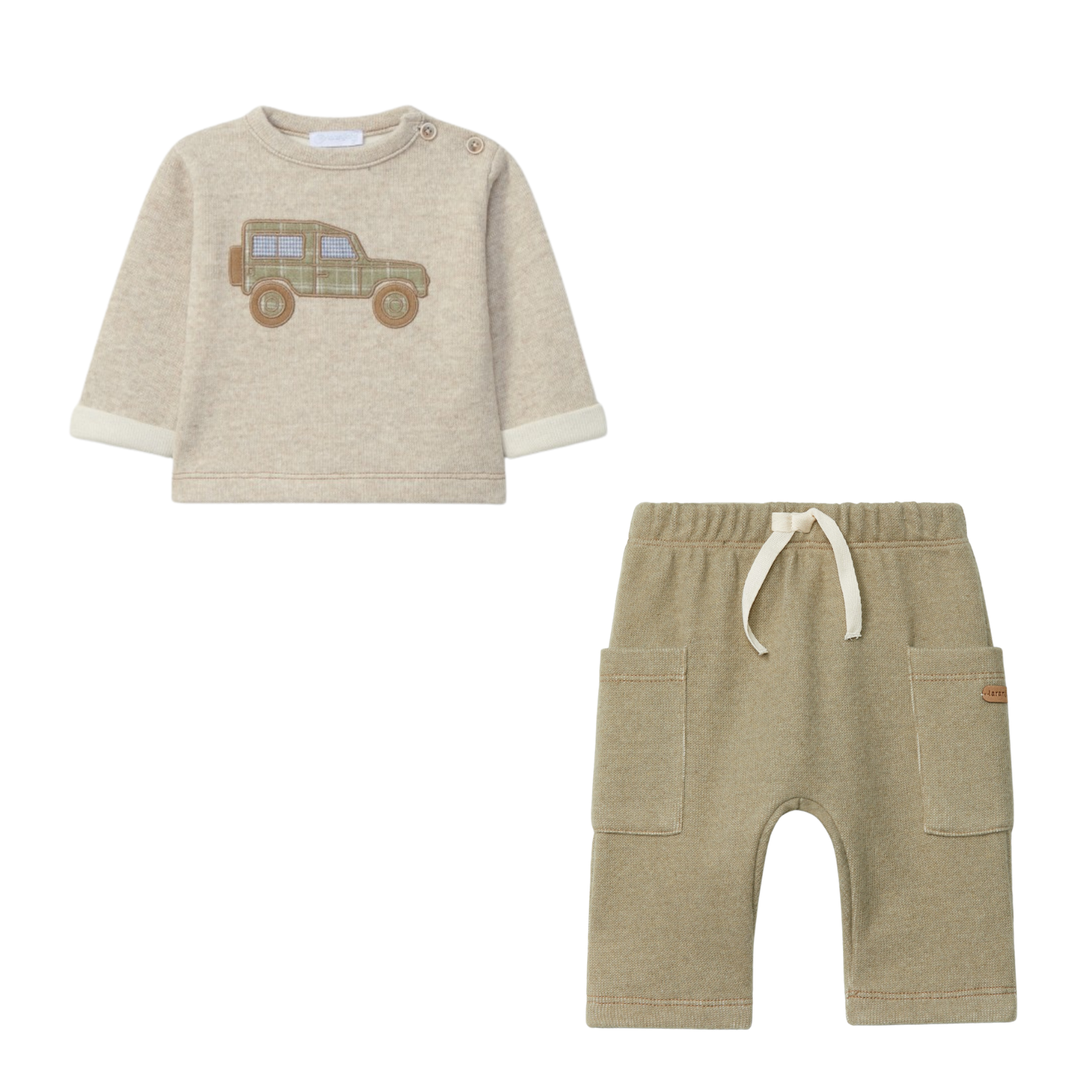 Conjunto camisola bege com carrinho e calça de malha da Laranjinha