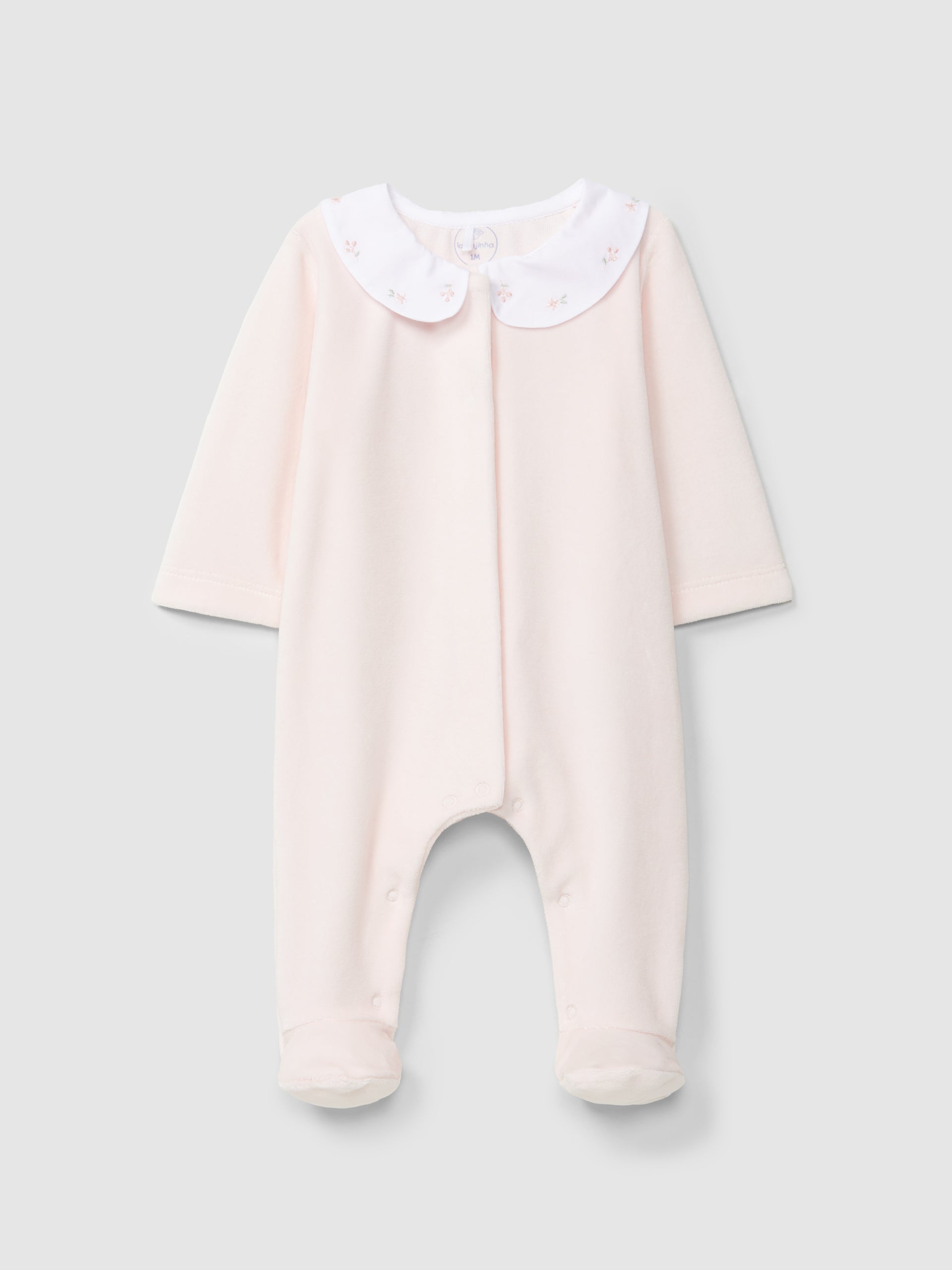 Babygrow em veludo gola com bordado flores delicadas da Laranjinha
