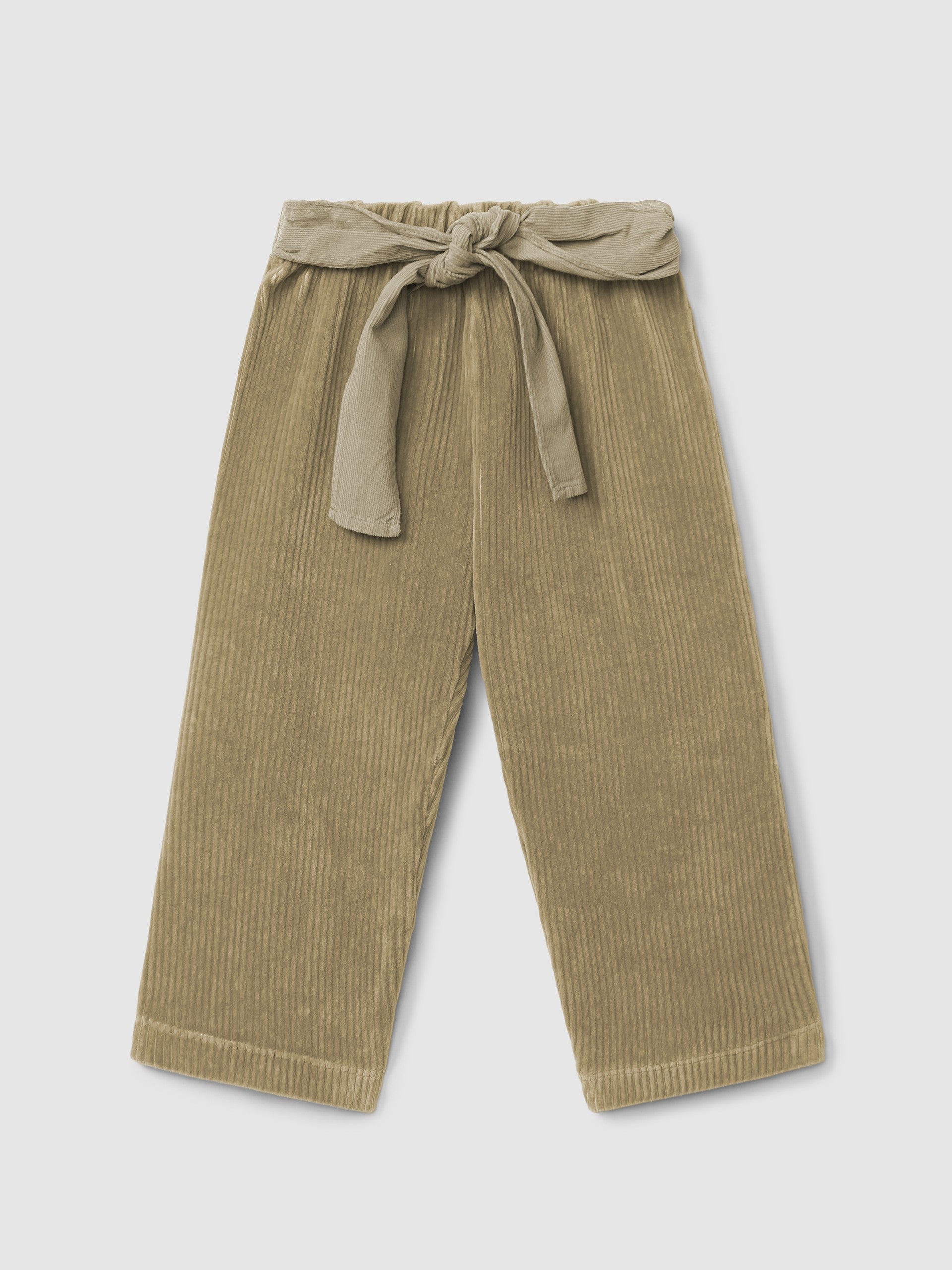 Calças pull-up wide leg bombazine verde caqui com fita da Laranjinha
