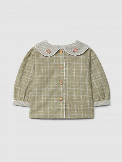 Blusa xadrez e micro-vichy verde caqui da Laranjinha