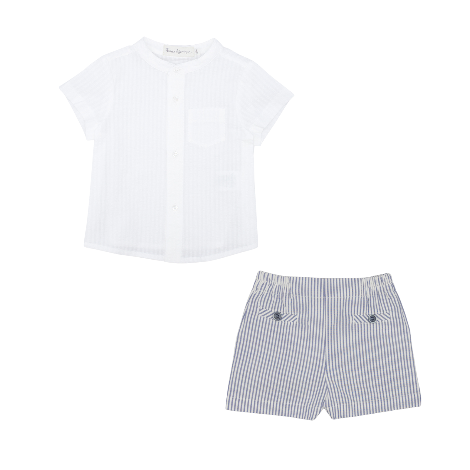 Conjunto camisa branca e calção azul marinho as riscas da Fina Ejerique "NAVY"