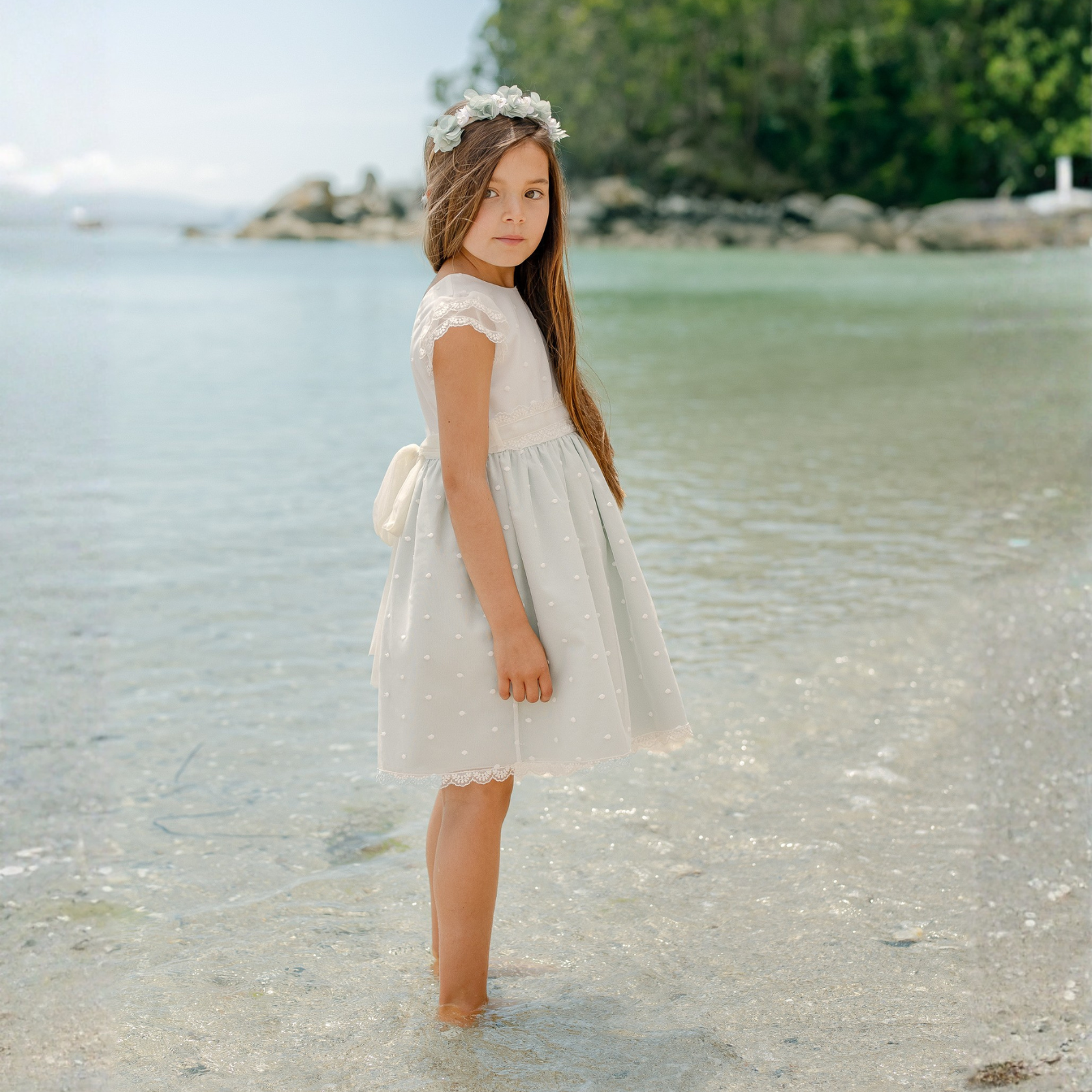 Vestido de cerimonia pérola e verde água da Paz Rodriguez "Cerimónia"
