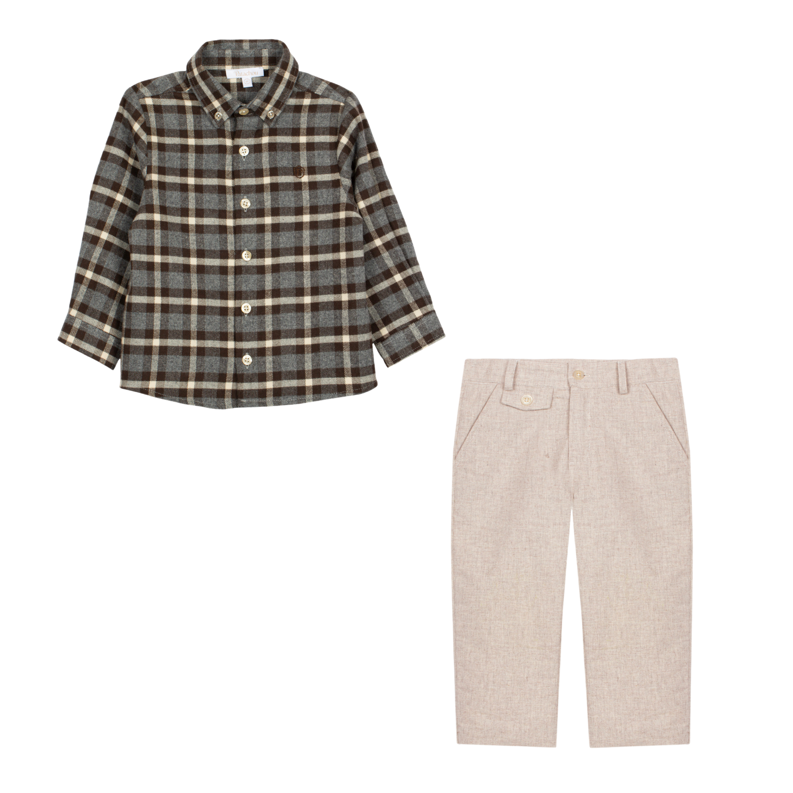Conjunto camisa xadrez e calça flanela bege de menino da Patachou "Brown grey"