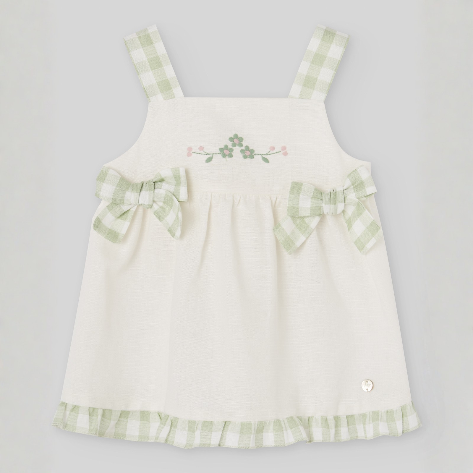 Vestido vichy verde e branco e tapa fralda da Paz Rodriguez "Frescura"