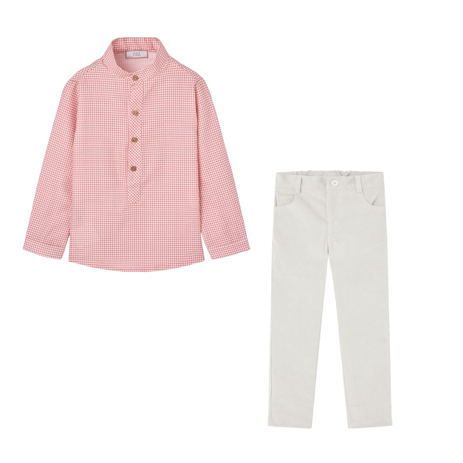 Conjunto camisa vichy rosa e calça bege da Paz Rodriguez "Lumbre"