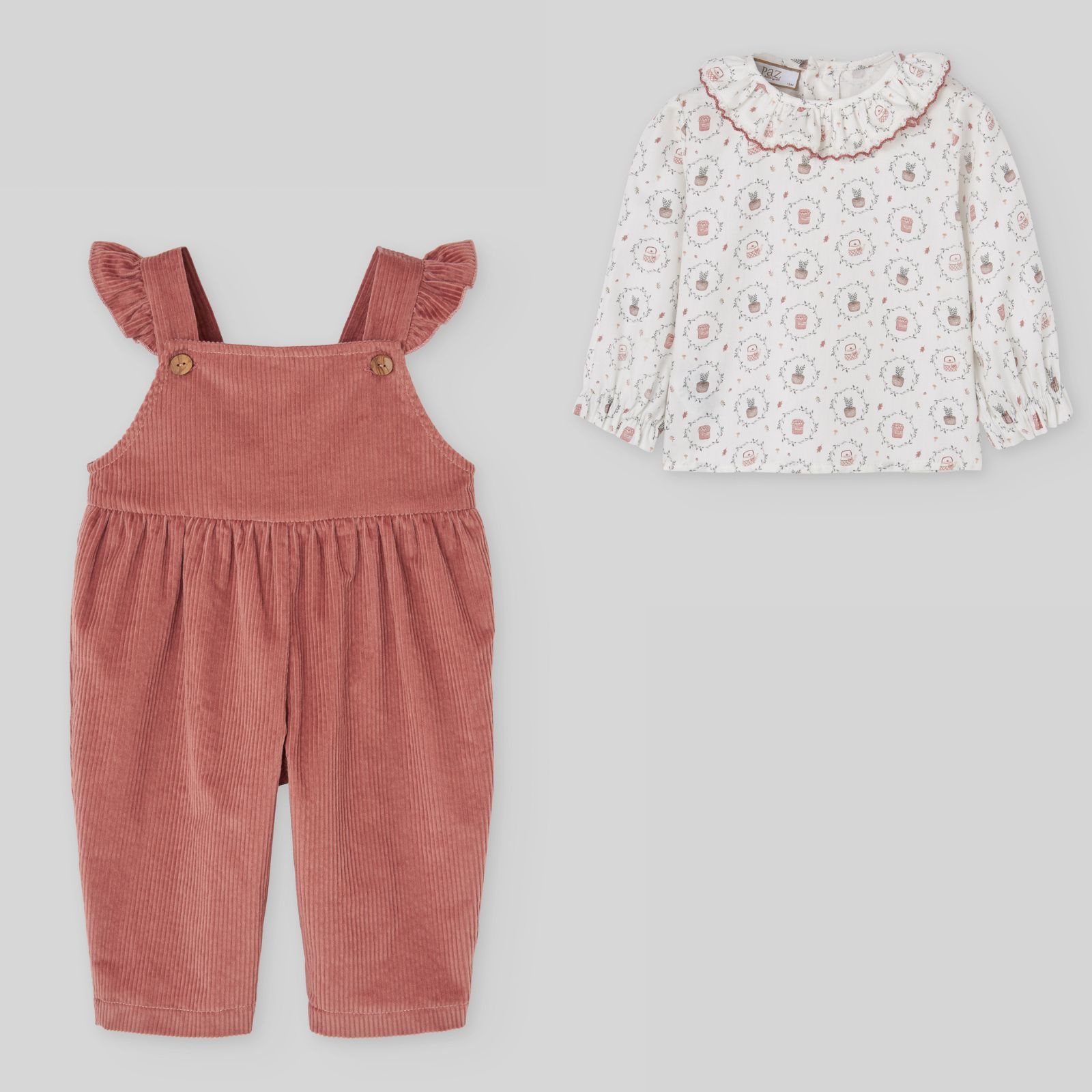 Conjunto jardineira rosa e blusa estampada da Paz Rodriguez "Lumbre"