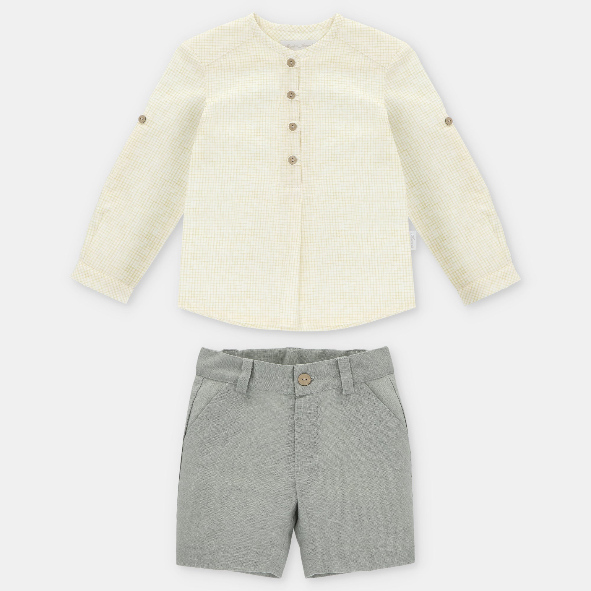 Conjunto camisa vichy amarela e calção linho verde para menino da Martín Aranda "Winnipeg"