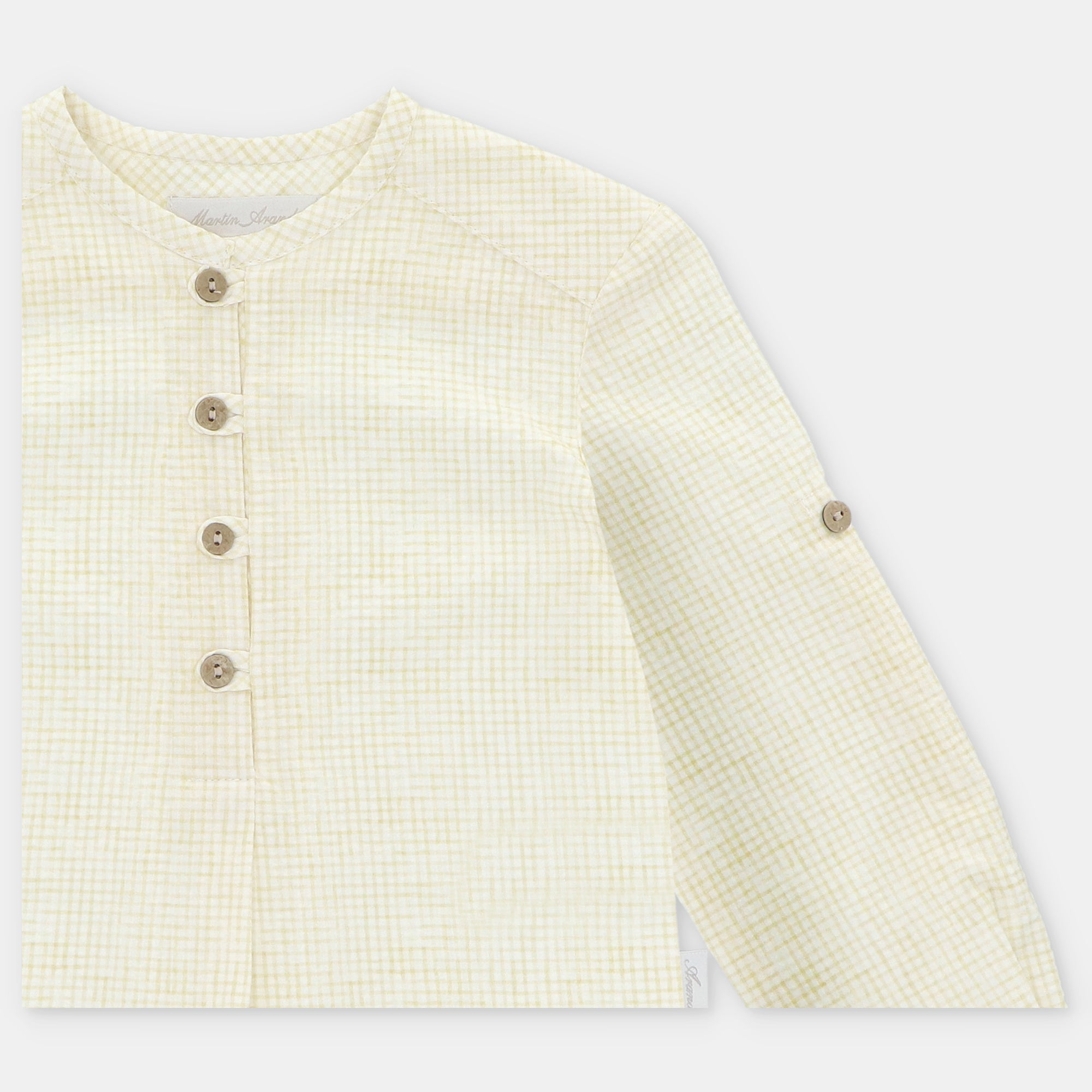 Conjunto camisa vichy amarela e calção linho verde para menino da Martín Aranda "Winnipeg"