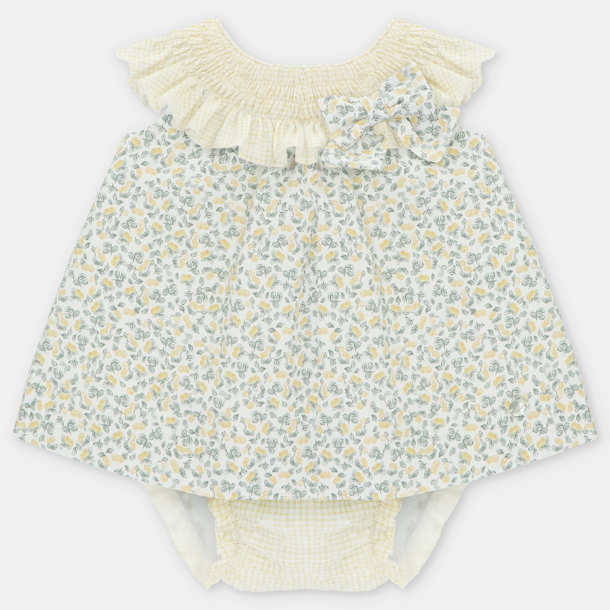 Vestido estampado e tapa fraldas amarelo para bebe menina da Martín Aranda "Winnipeg"