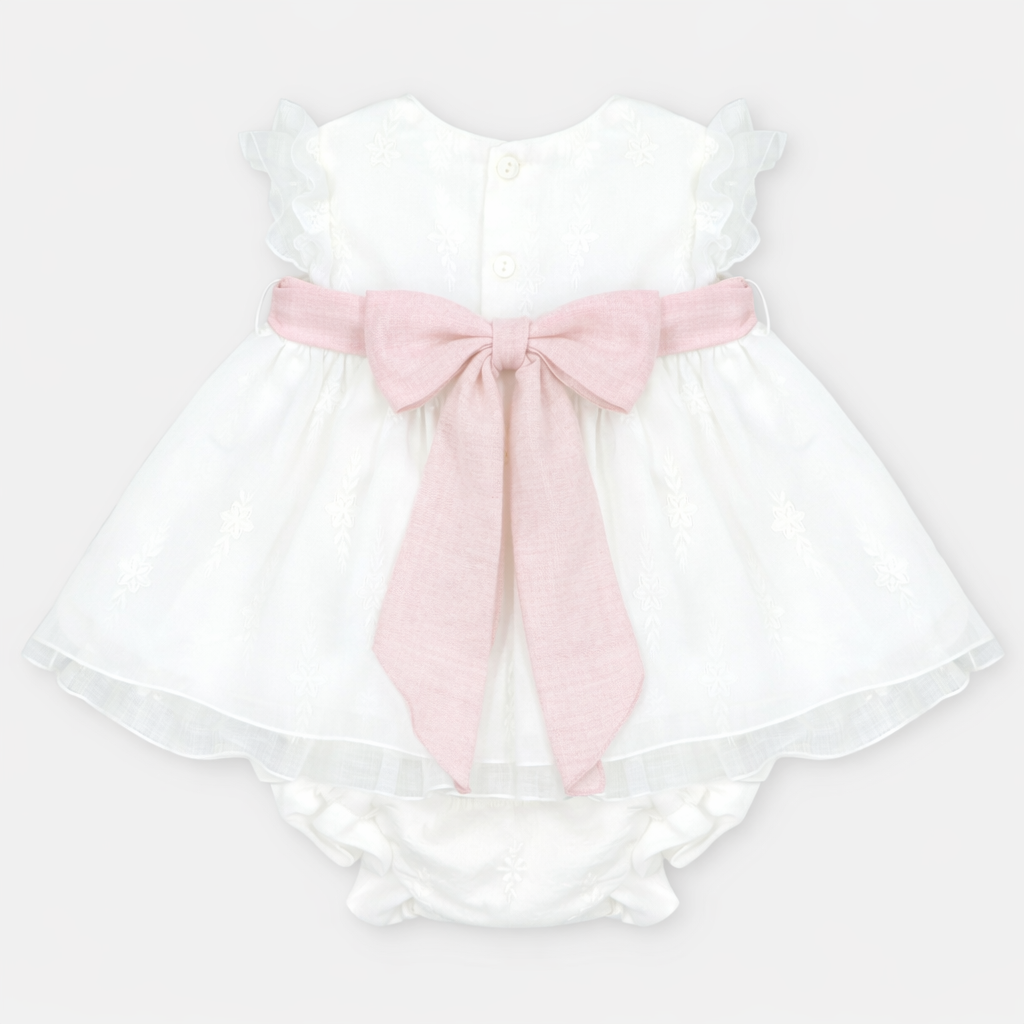 Vestido e tapa fraldas de cerimónia com faixa em rosa da Martín Aranda "Victoria"