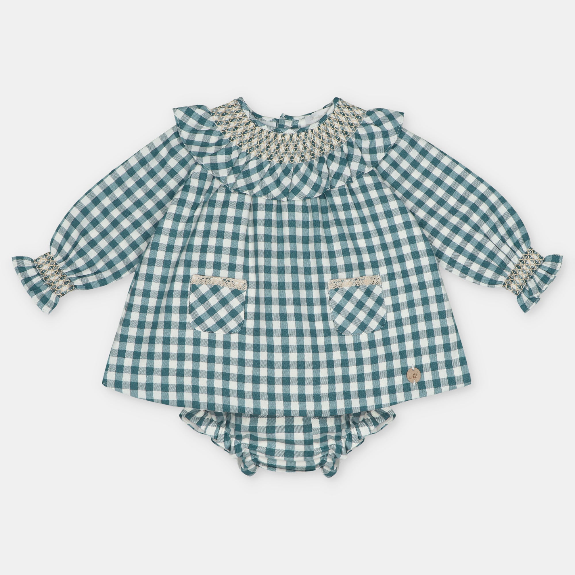 Vestido e tapa fraldas vichy verde da Martín Aranda "Navia"