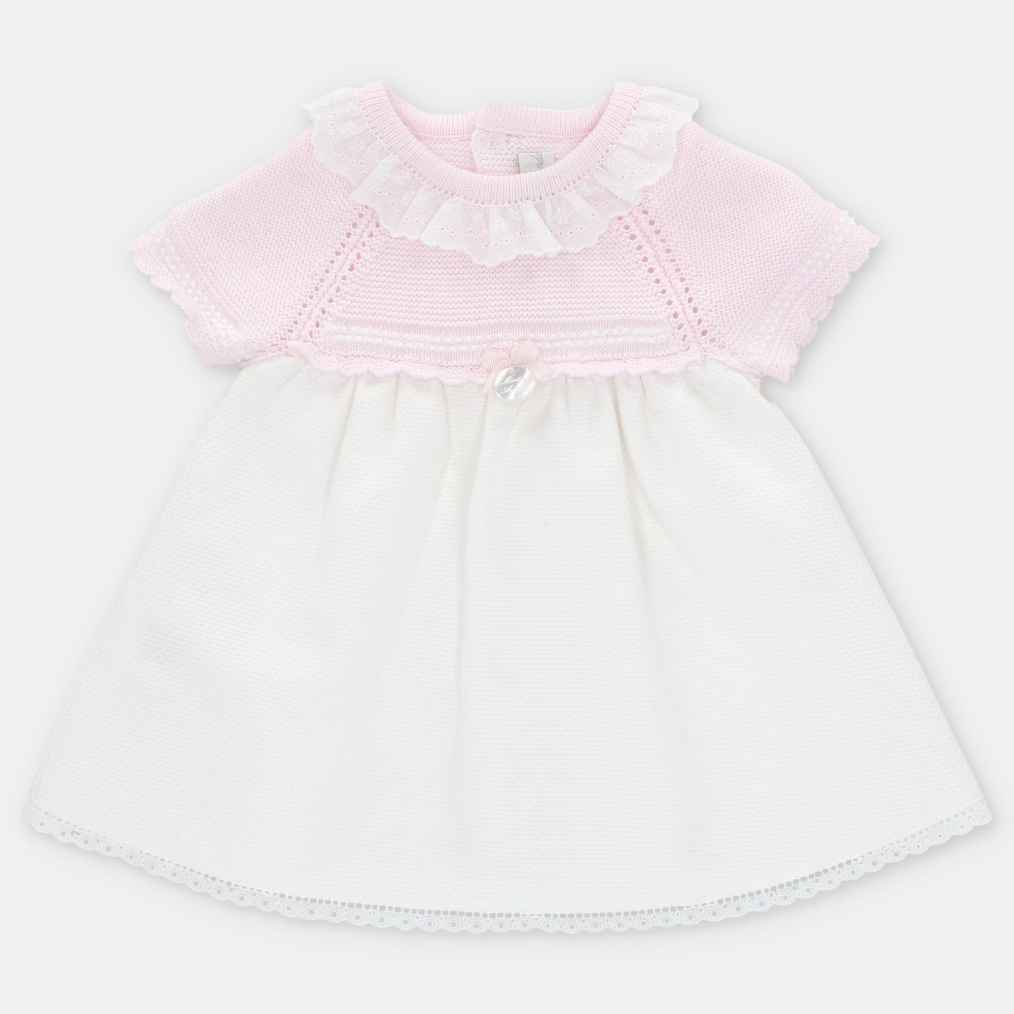 Vestido combinado rosa e branco e tapa fralda para bebé da Martín Aranda "Montreal"