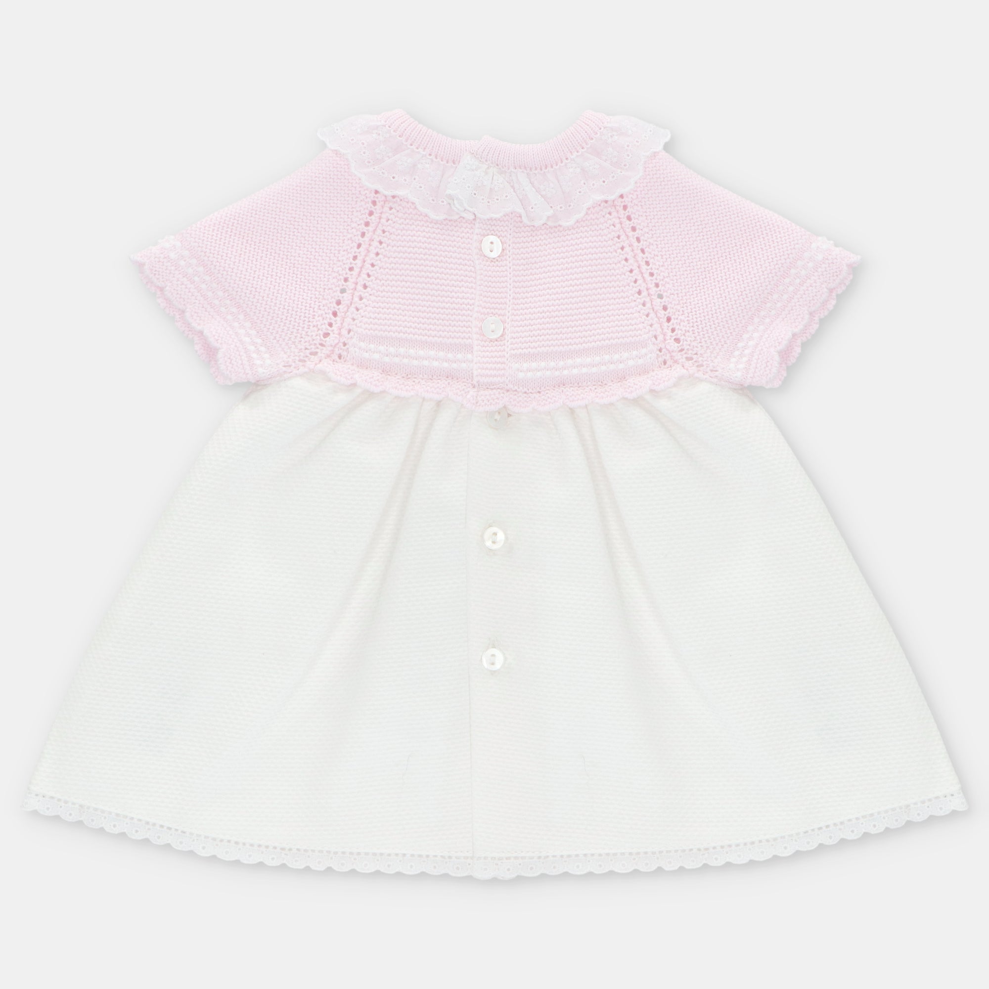 Vestido combinado rosa e branco e tapa fralda para bebé da Martín Aranda "Montreal"