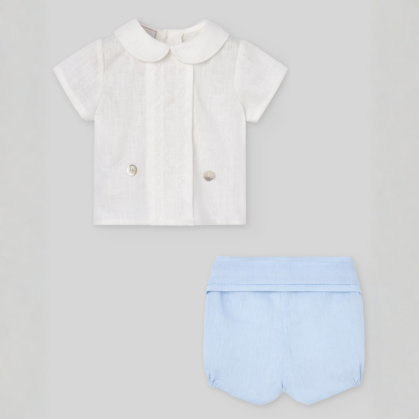 Conjunto cerimónia camisa pérola e calção azul da Paz Rodriguez "Alegra"