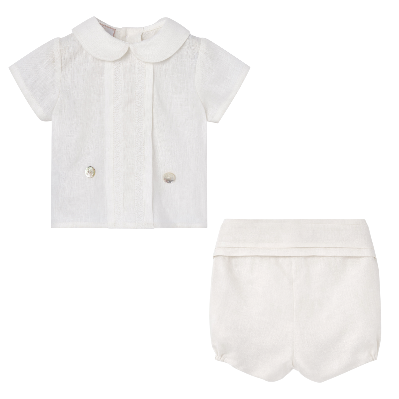 Conjunto cerimónia camisa e calção em tom pérola da Paz Rodriguez "Alegra"