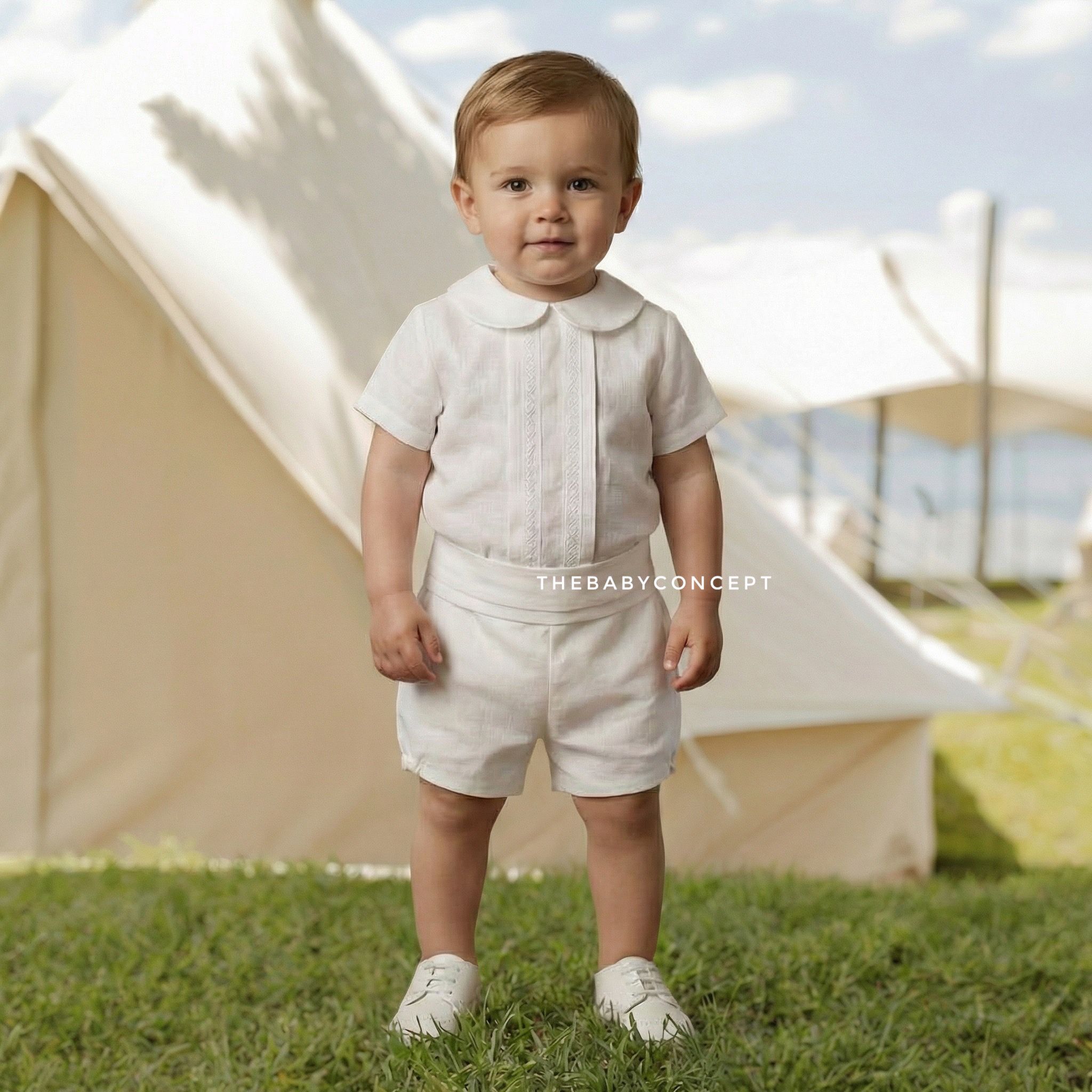 Conjunto cerimónia camisa e calção em tom pérola da Paz Rodriguez "Alegra"