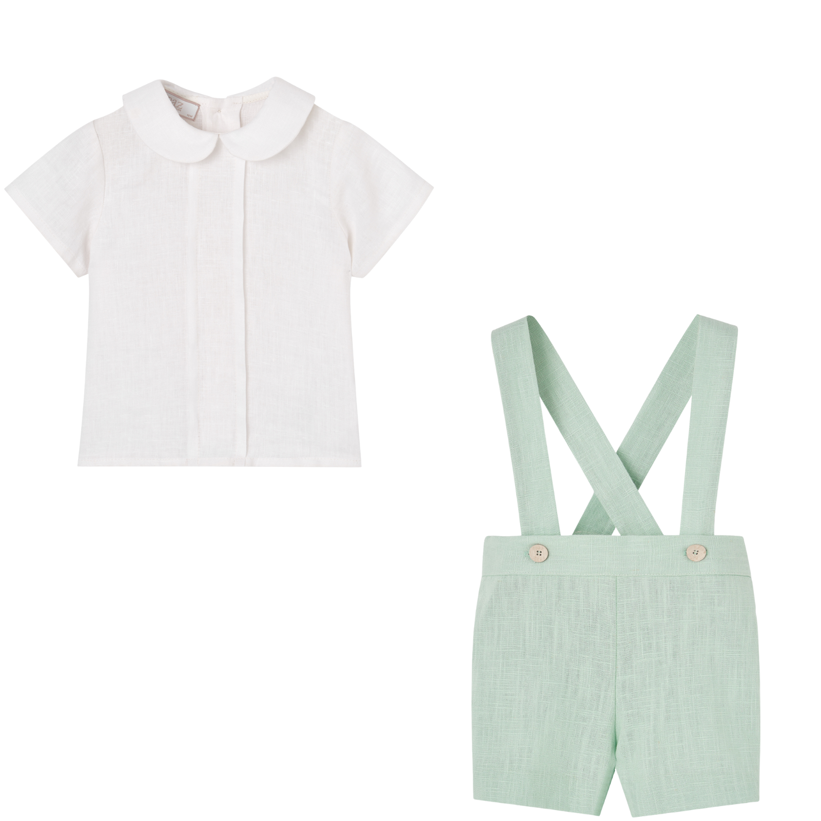 Conjunto camisa branca e calção com alças verde água da Paz Rodriguez "Cerimónia"