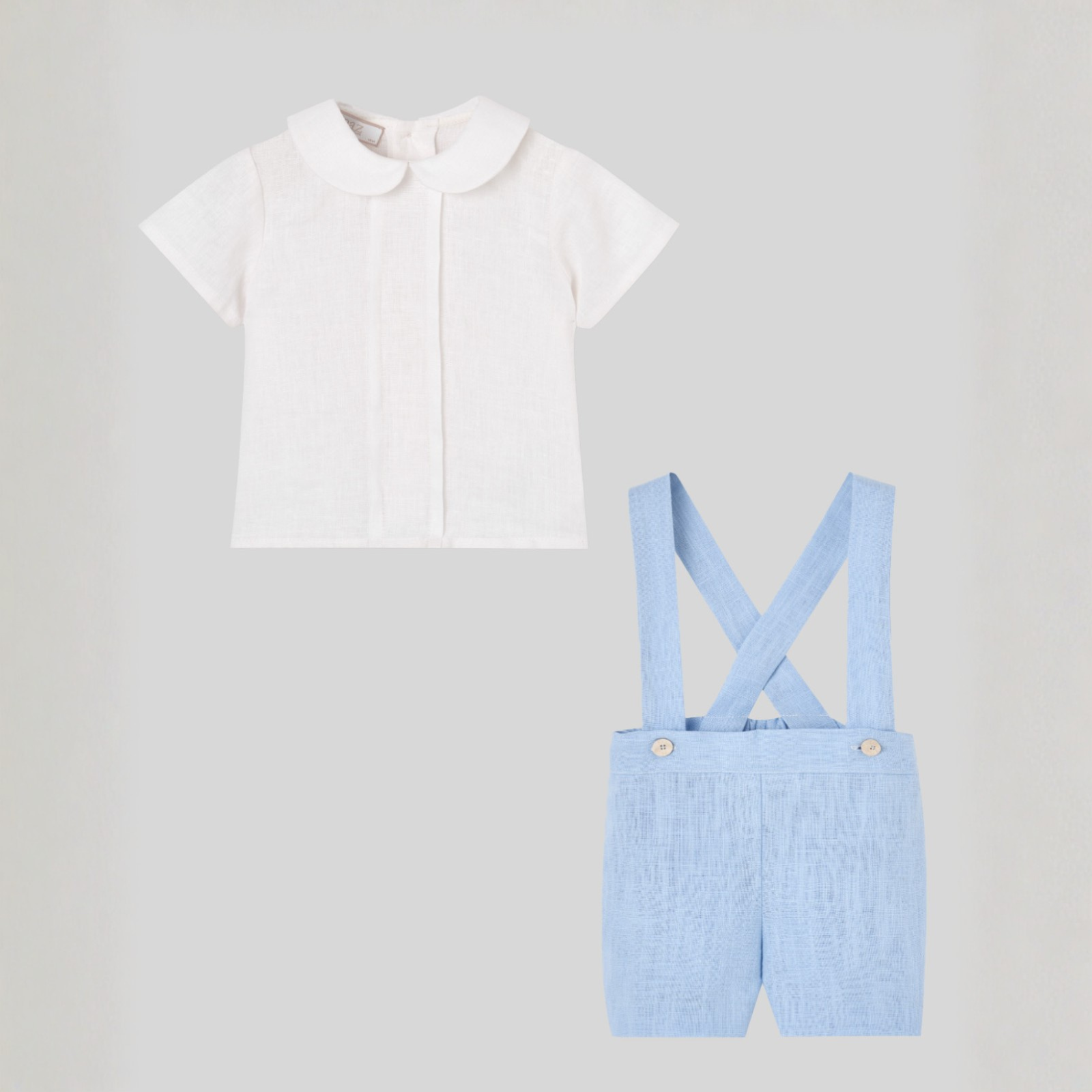 Conjunto camisa branca e calção com alças azuis da Paz Rodriguez "Cerimónia"