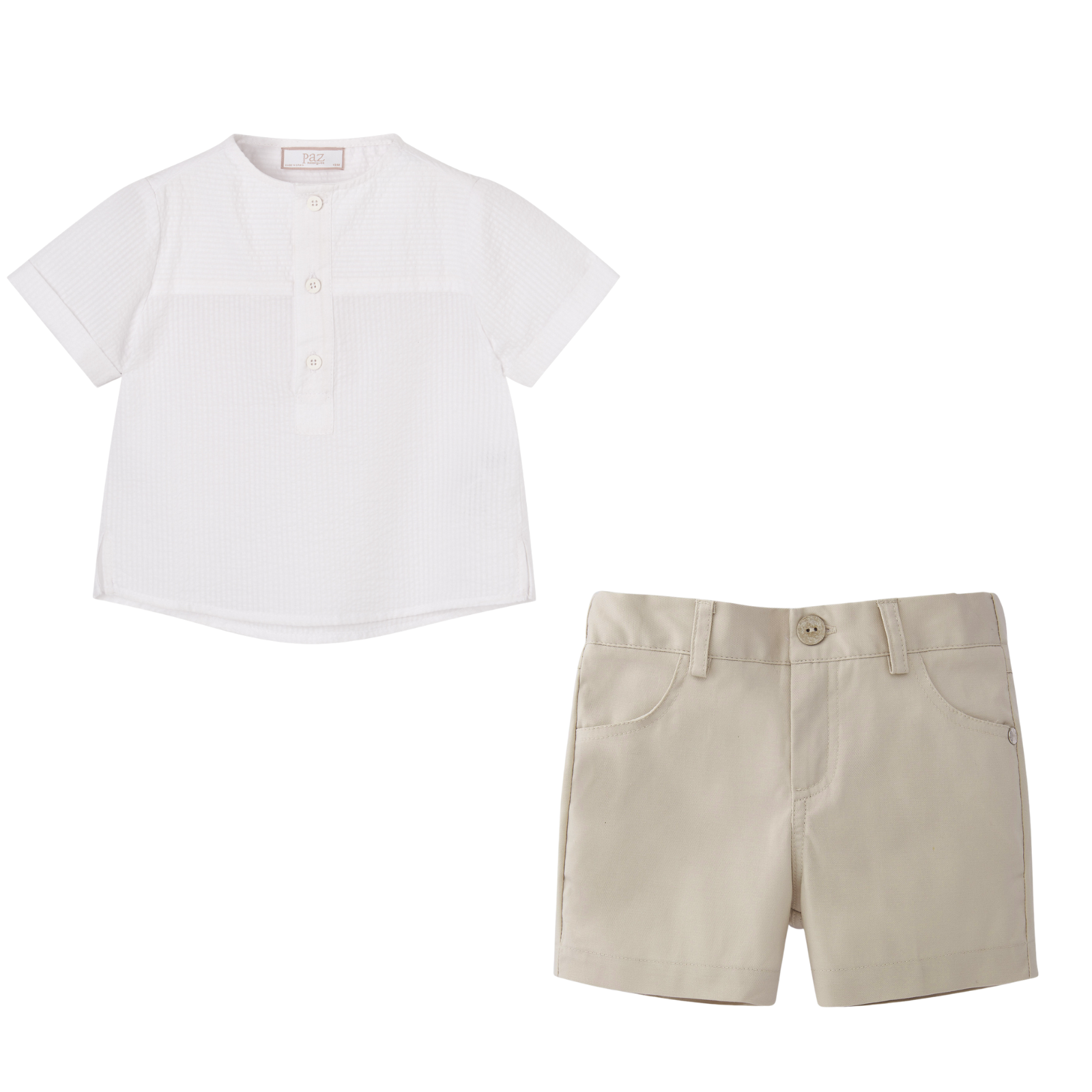 Conjunto camisa branca e calção bege da Paz Rodriguez "Frutitas"