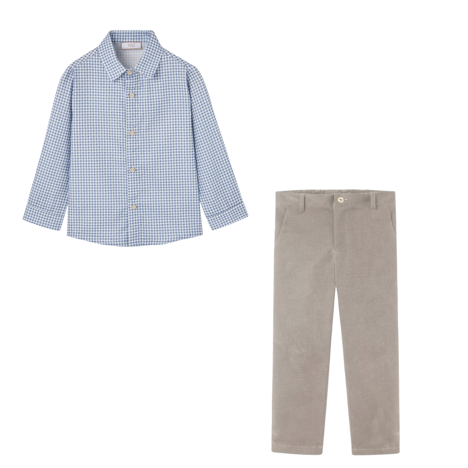 Conjunto calça bege e camisa azul da Paz Rodriguez "Ponte"