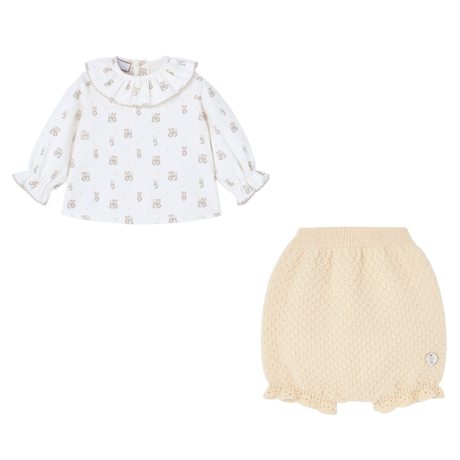 Conjunto calção malha bege e blusa pérola estampada da Paz Rodriguez "Mel"