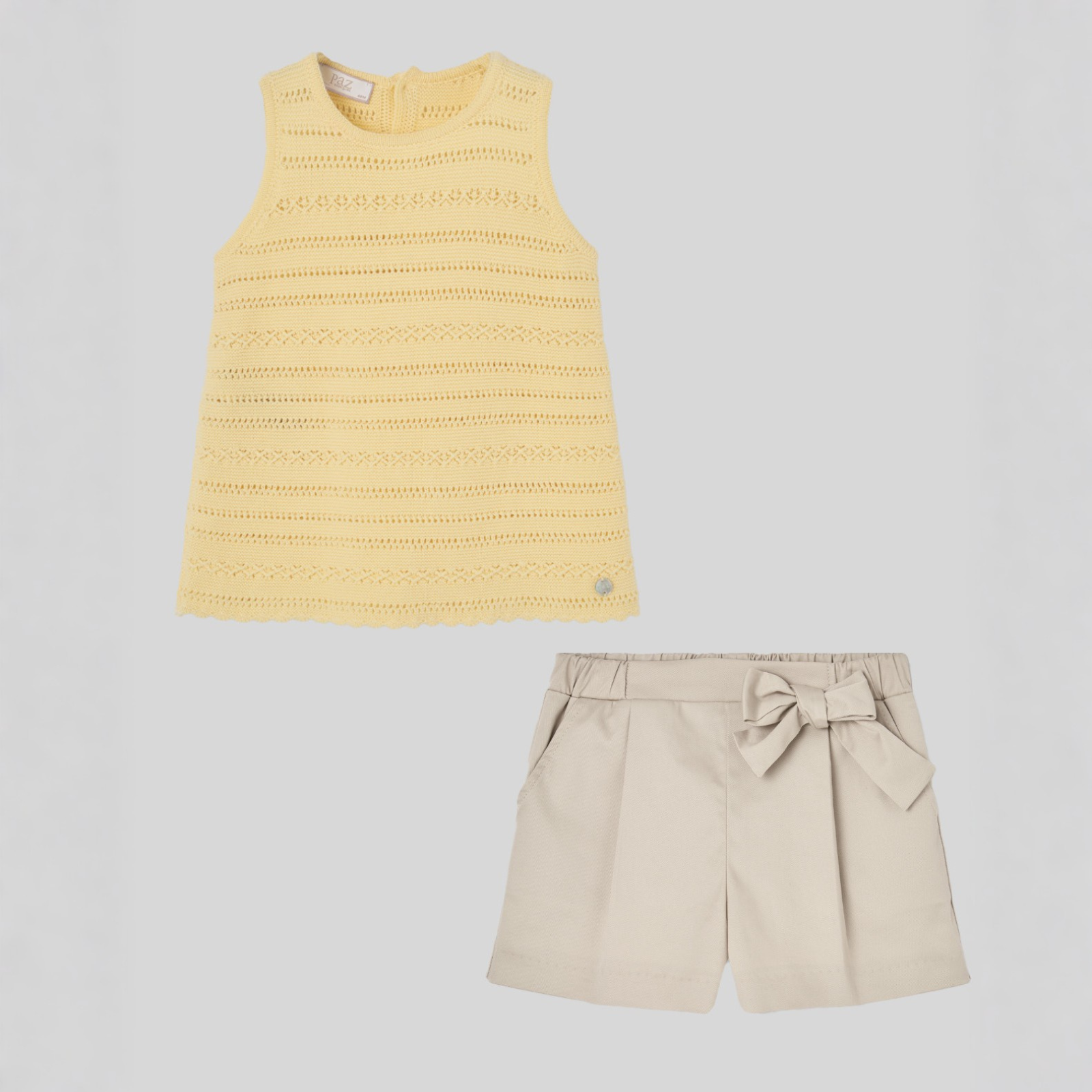 Conjunto top malha amarelo e calção bege da Paz Rodriguez "Frutitas"