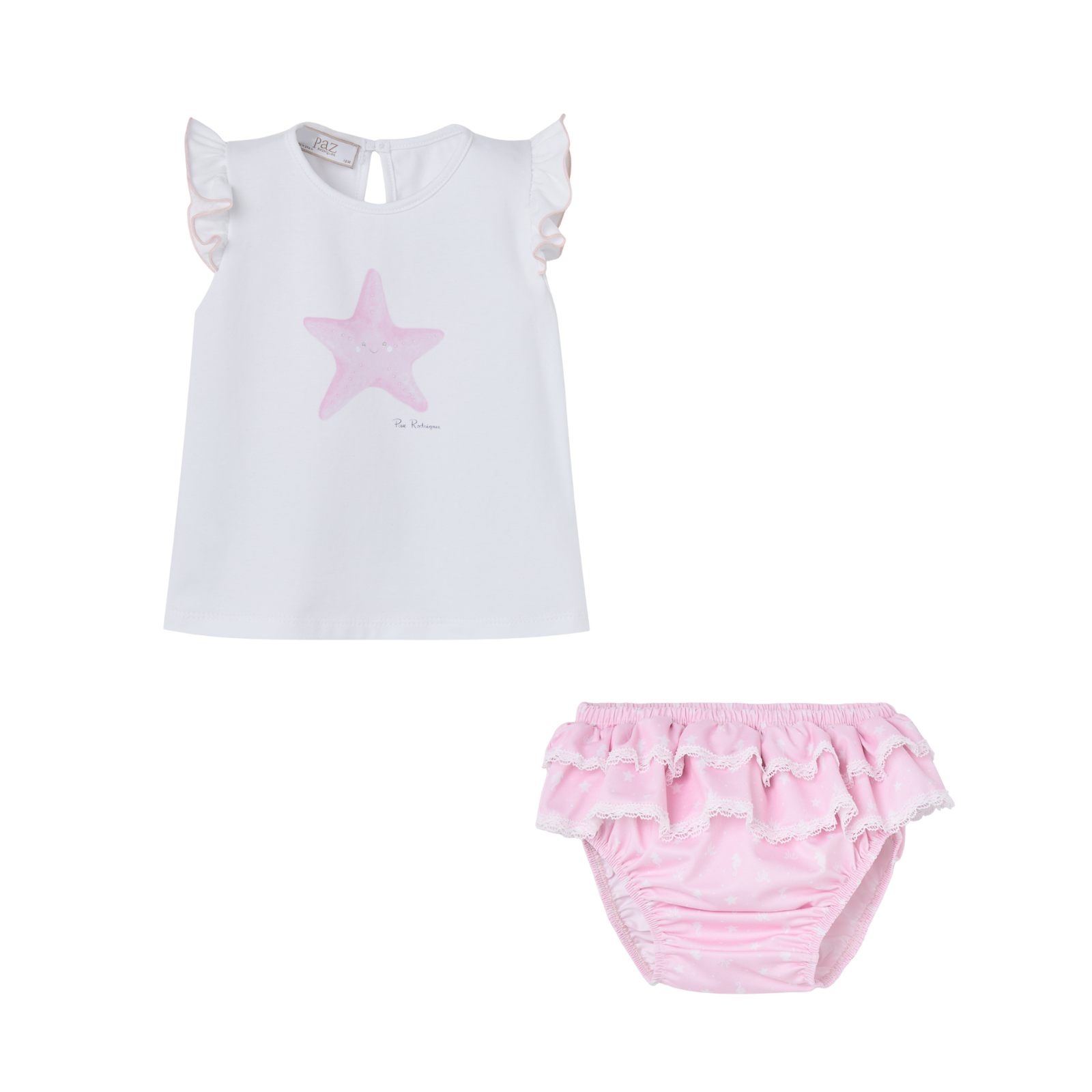 Conjunto t-shirt branca e cueca de banho rosa da Paz Rodriguez "Baño"