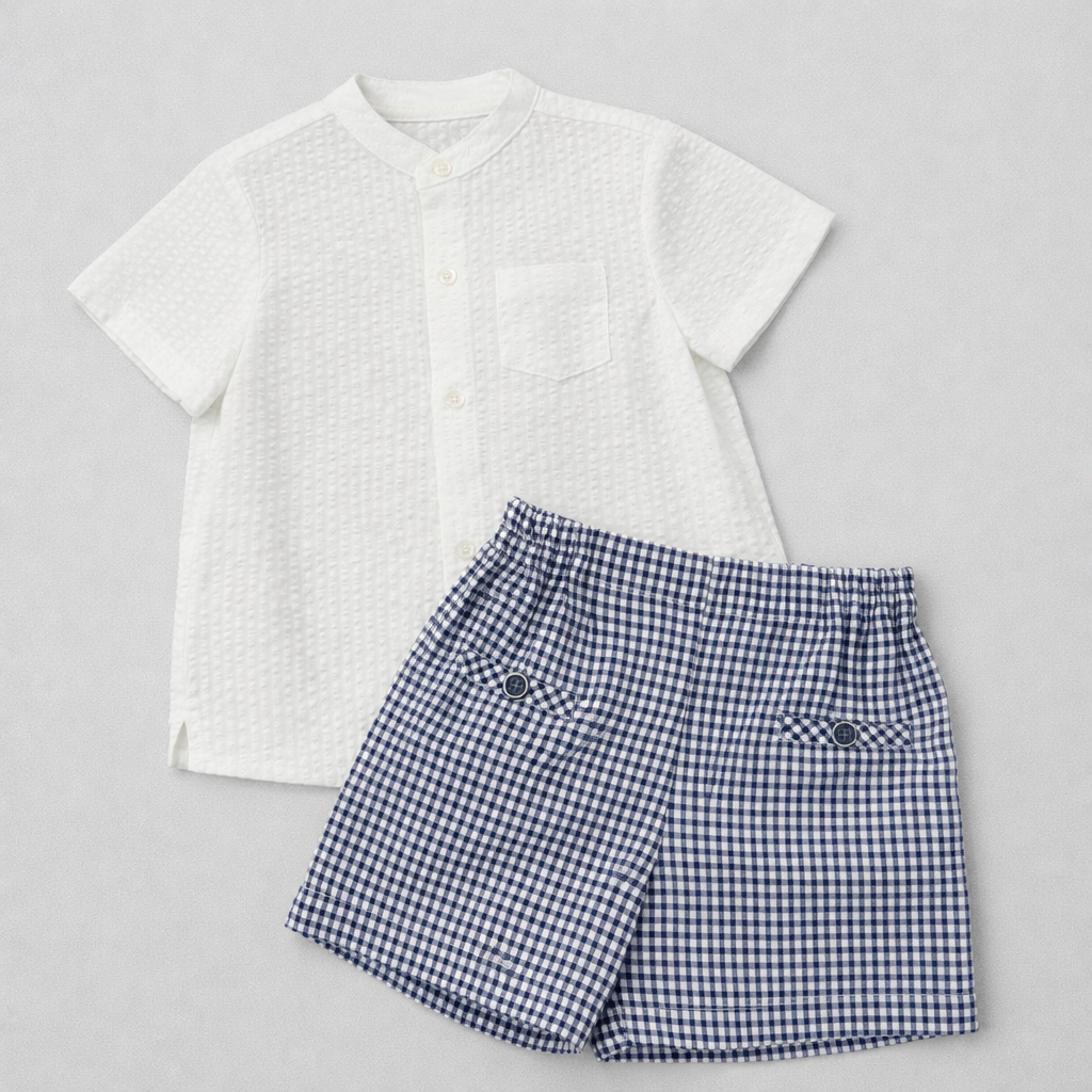 Conjunto camisa branca e calção vichy azul marinho "NAVY"