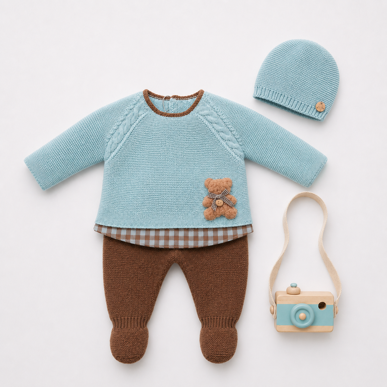 Conjunto recém-nascido verde água e castanho e gorro da Pangasa "Vichy Mood"