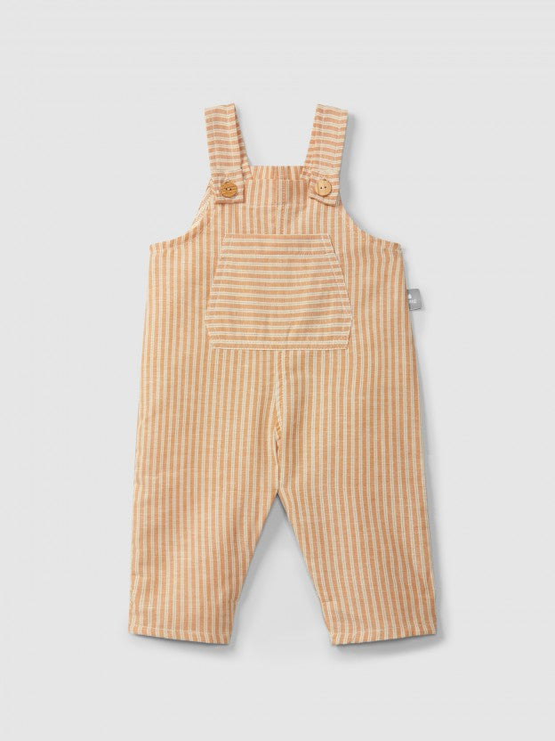 Jardineiras em tecido de riscas com bolso da Snug