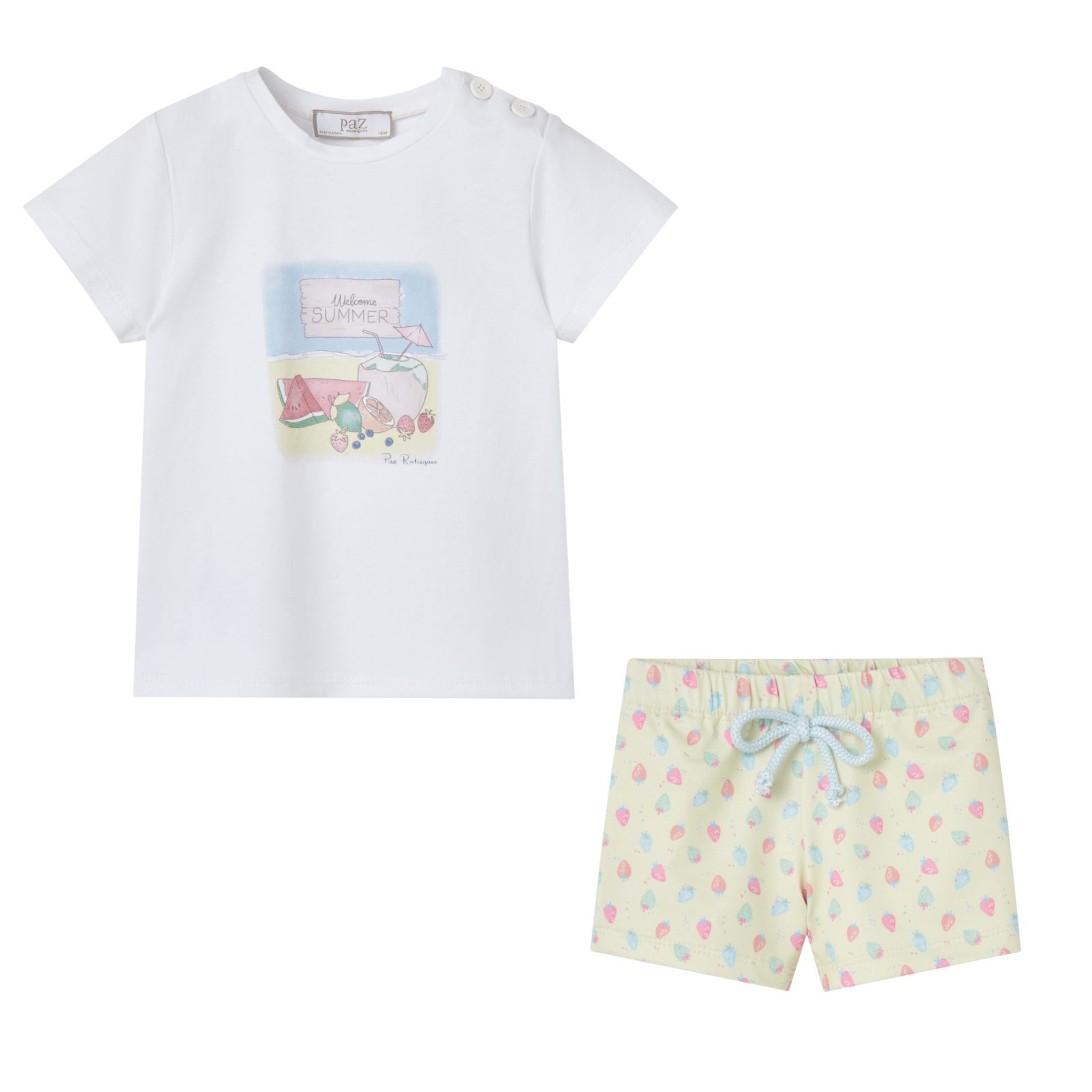 Conjunto t-shirt branca e calções de banho amarelo da Paz Rodriguez "Baño"