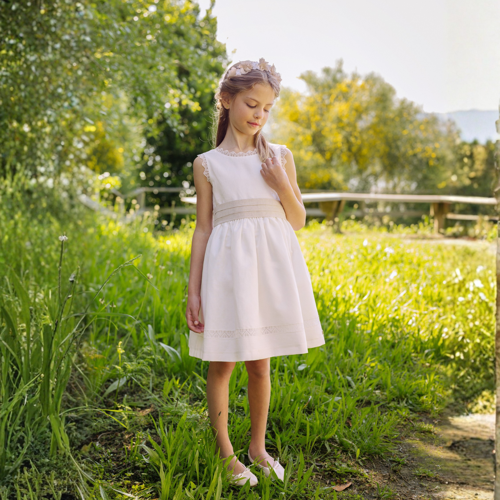 Vestido de cerimonia pérola e faixa bege da Paz Rodriguez "Cerimónia"