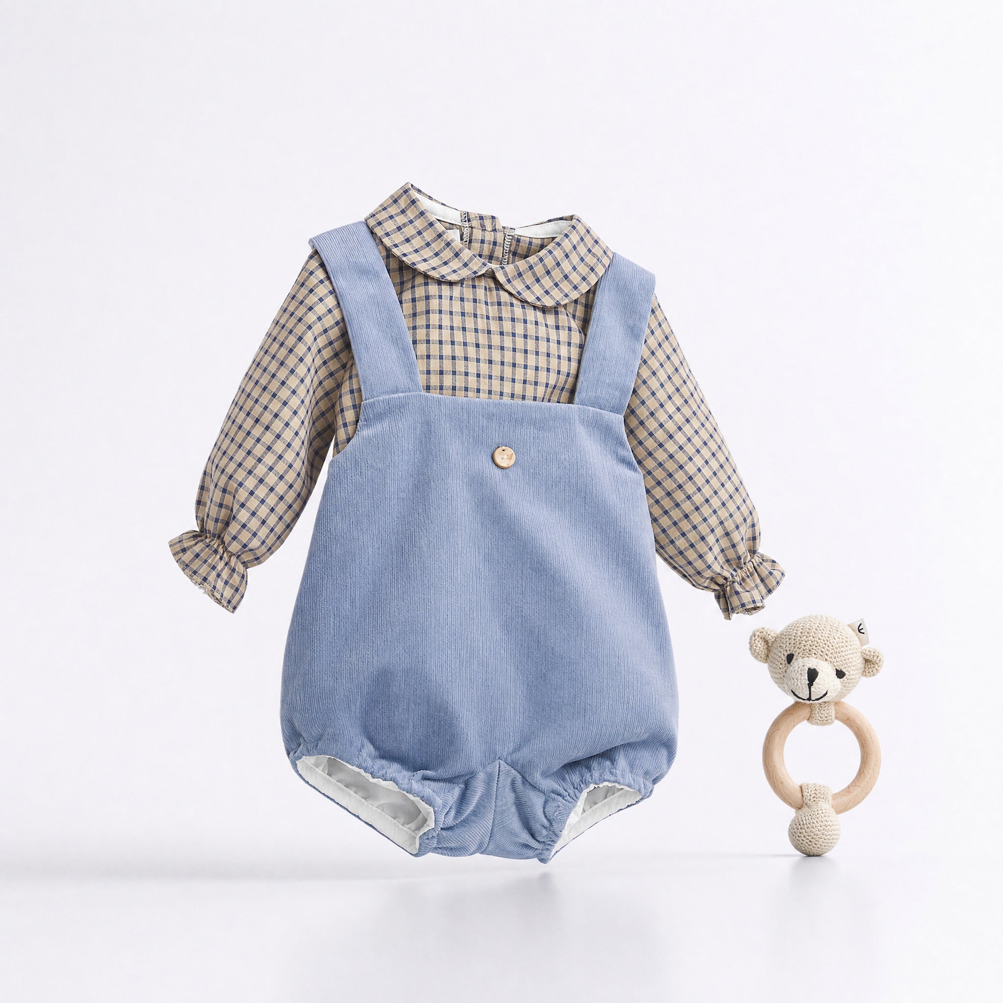 Conjunto blusa vichy e jardineira azul bruma da Pangasa "Brume"