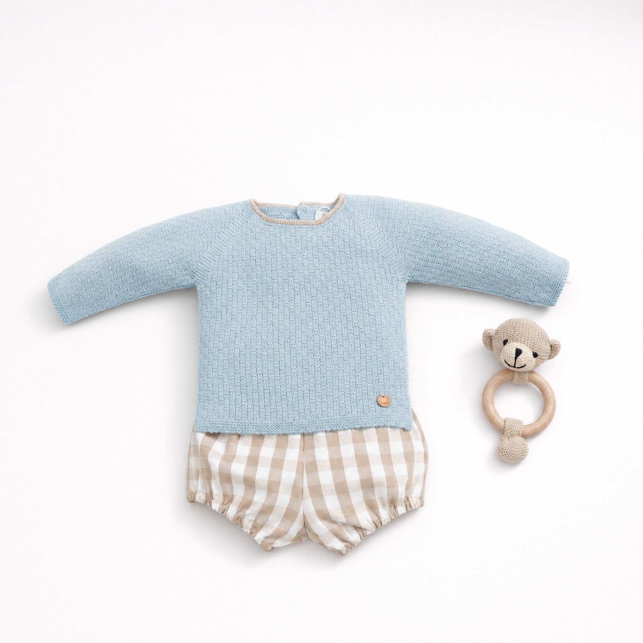 Conjunto camisola azul e tapa fraldas vichy bege da Pangasa "Sand"
