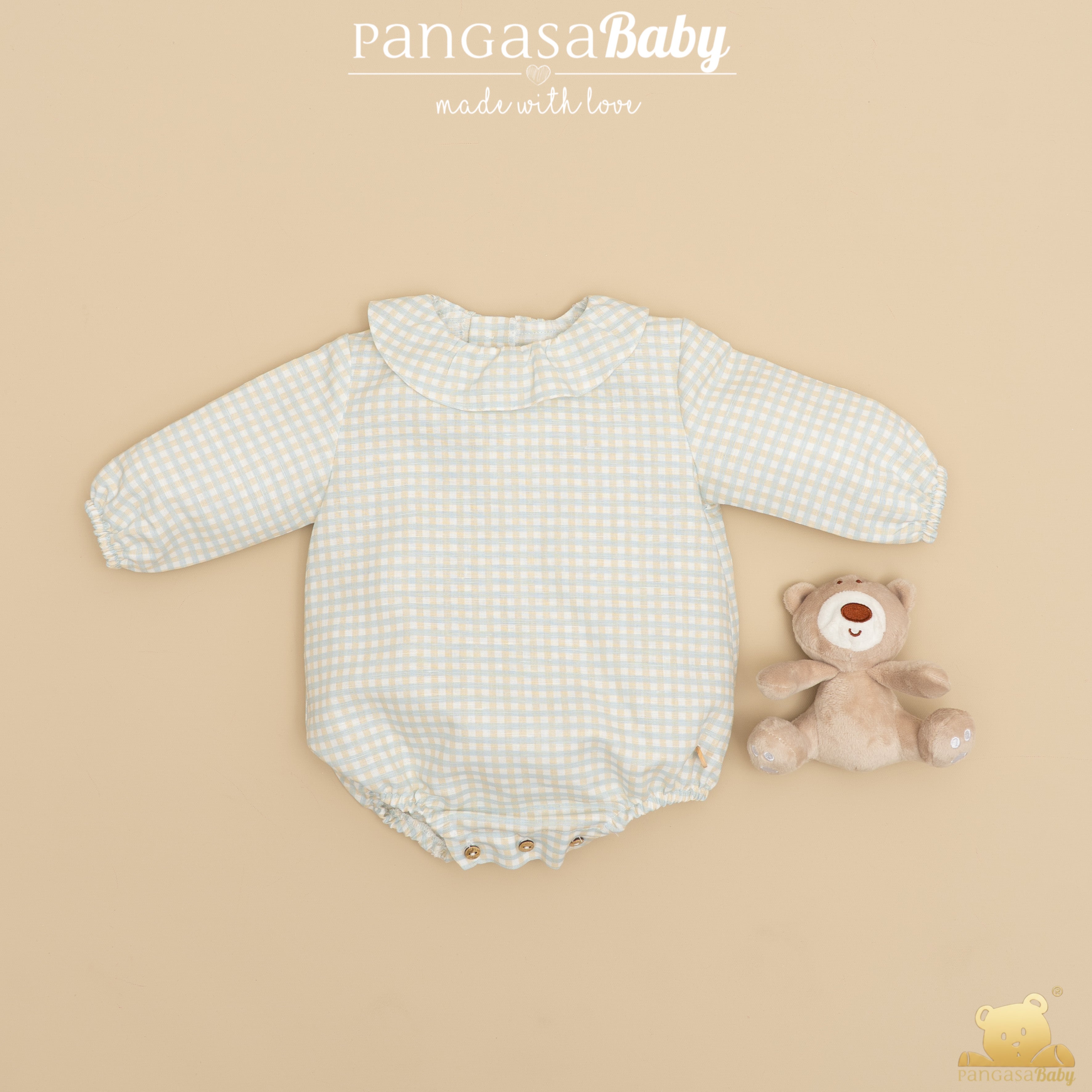 Fofo estampado vichy com colete de malha azul da Pangasa