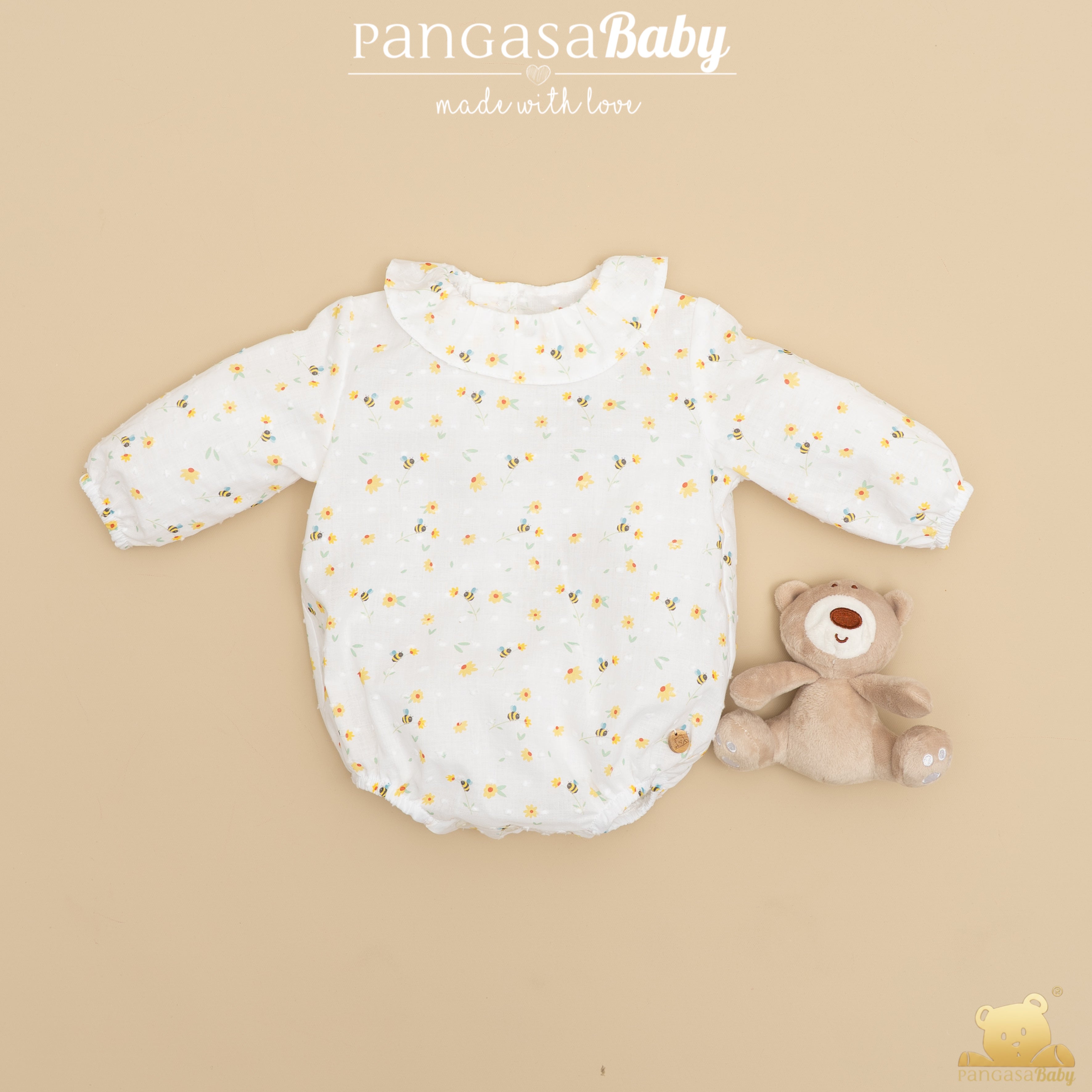 Fofo estampado abelhinhas com colete de malha amarelo da Pangasa