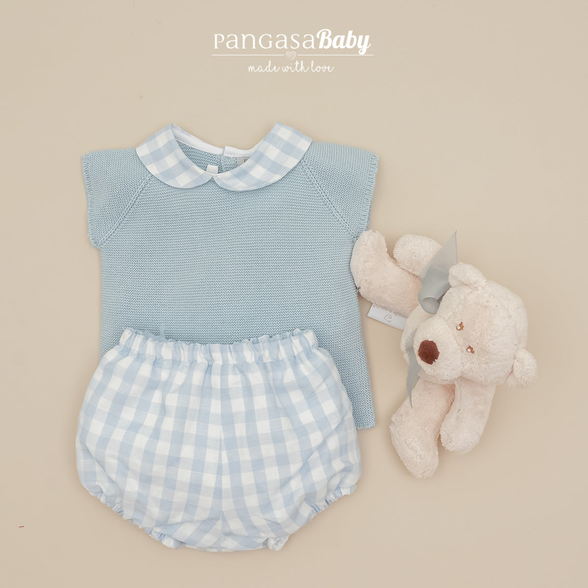 Conjunto camisola azul e tapa fraldas vichy da Pangasa