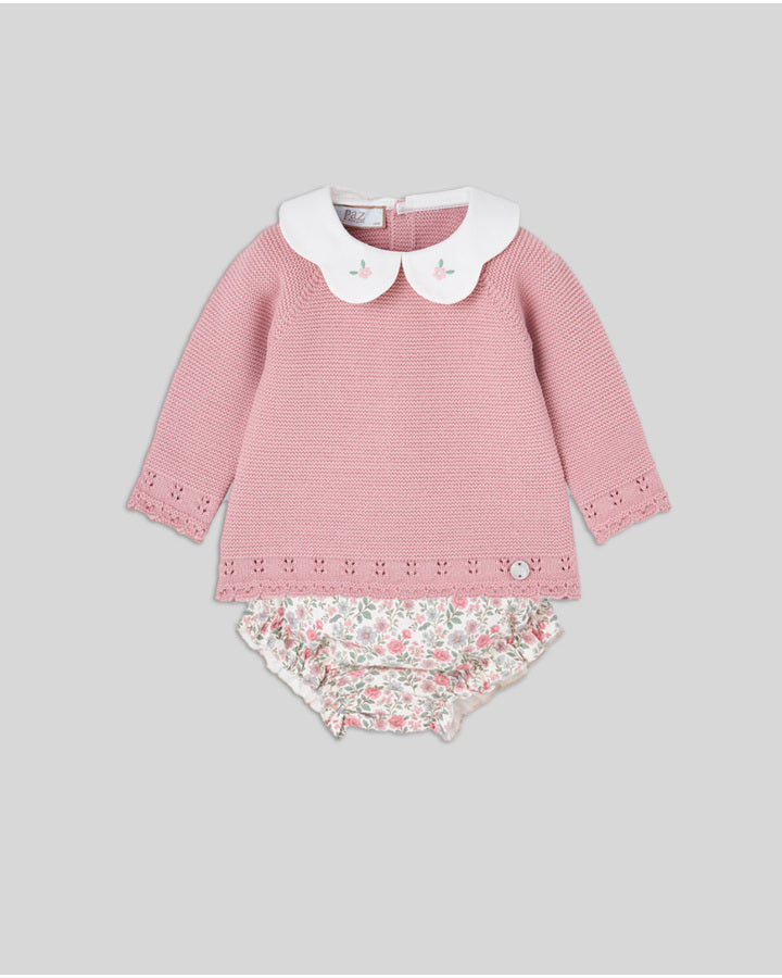 Conjunto camisola malha rosa e tapa fralda floral da Paz Rodriguez "Ledicia"