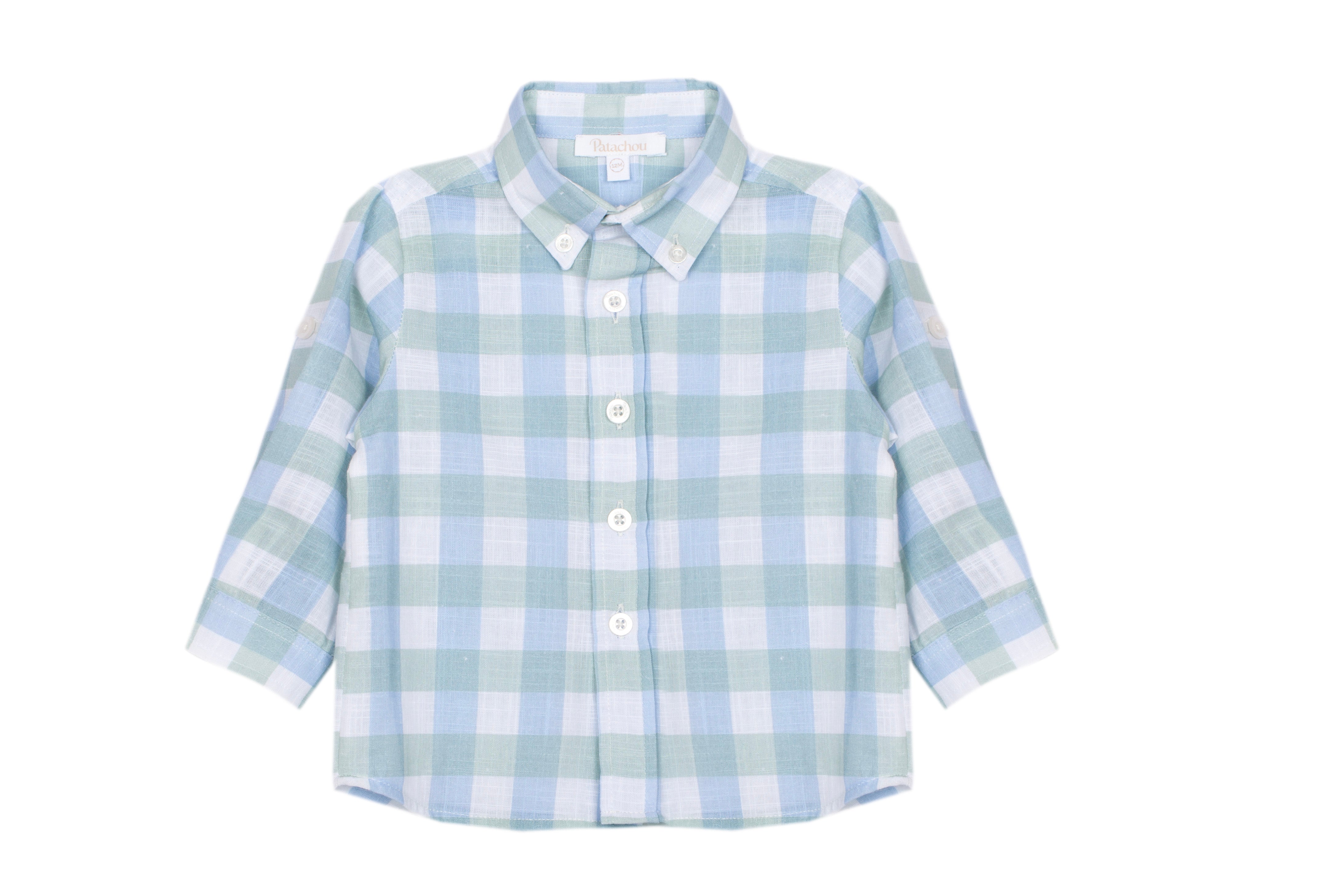 Conjunto camisa quadrados e calça verde de menino da Patachou "Soft Blue"