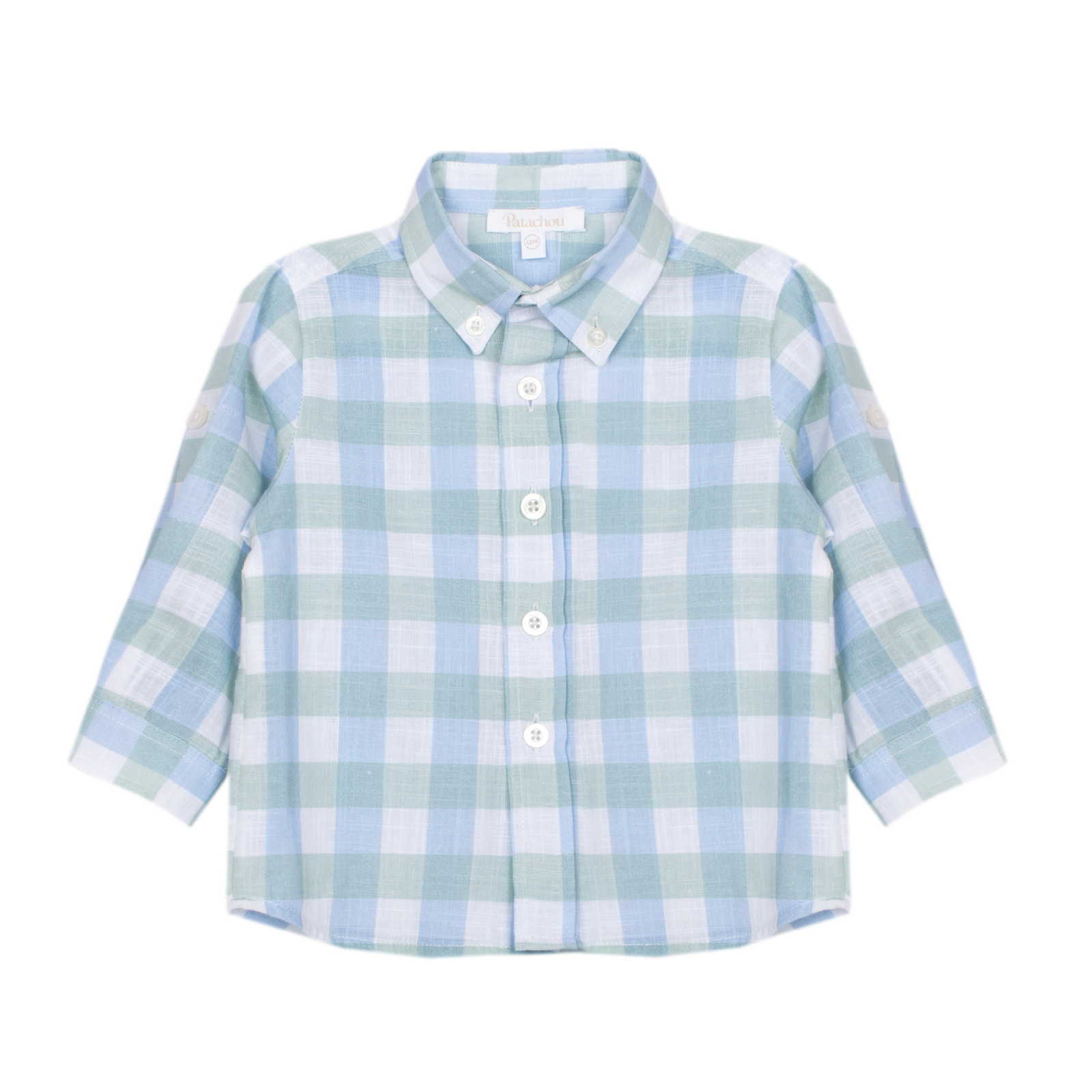 Camisa quadrados em tons de verde e azul de menino da Patachou "Soft Blue"