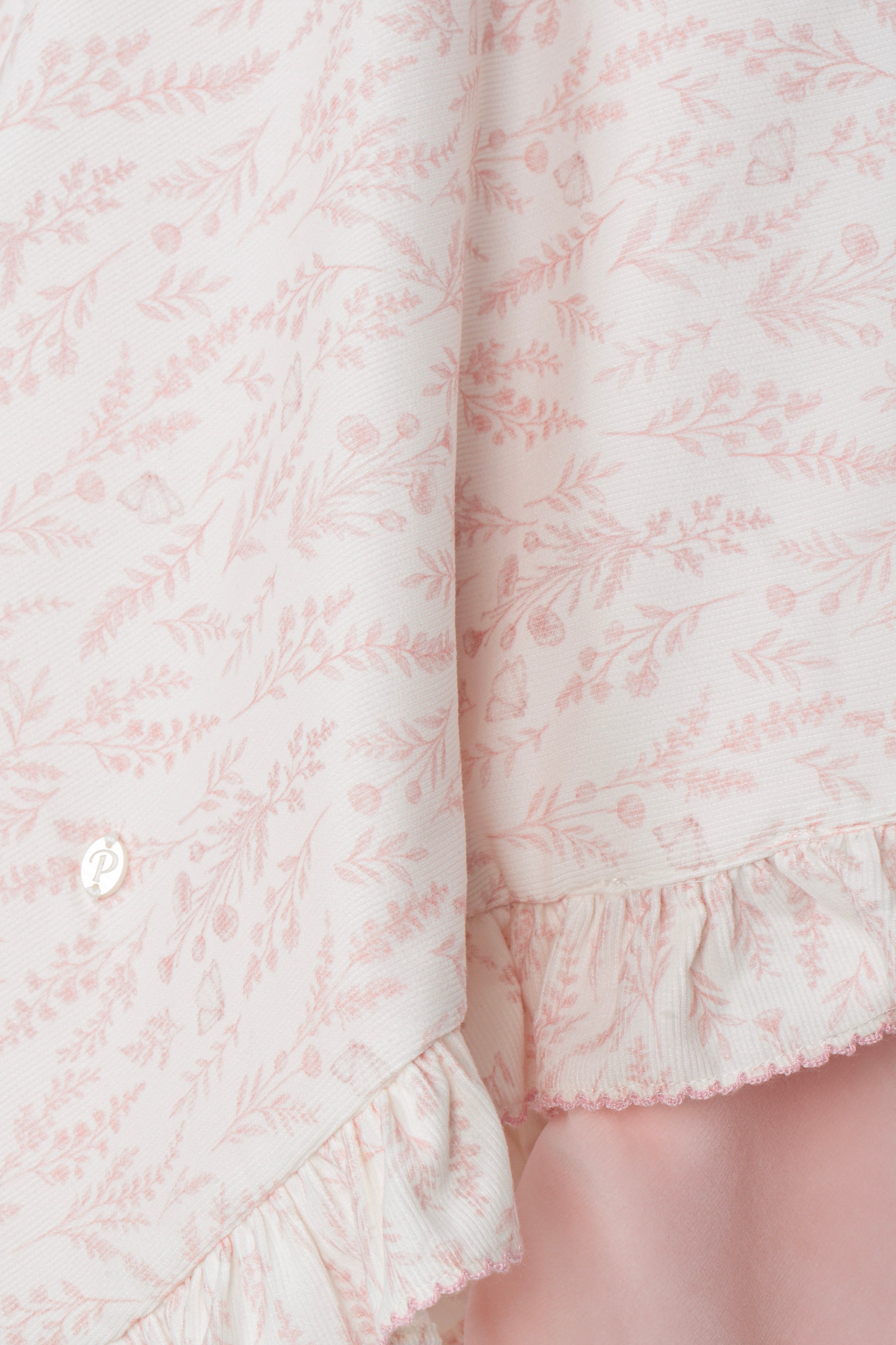 Manta rosa em laminado com estampado floral e folhos da  Patachou