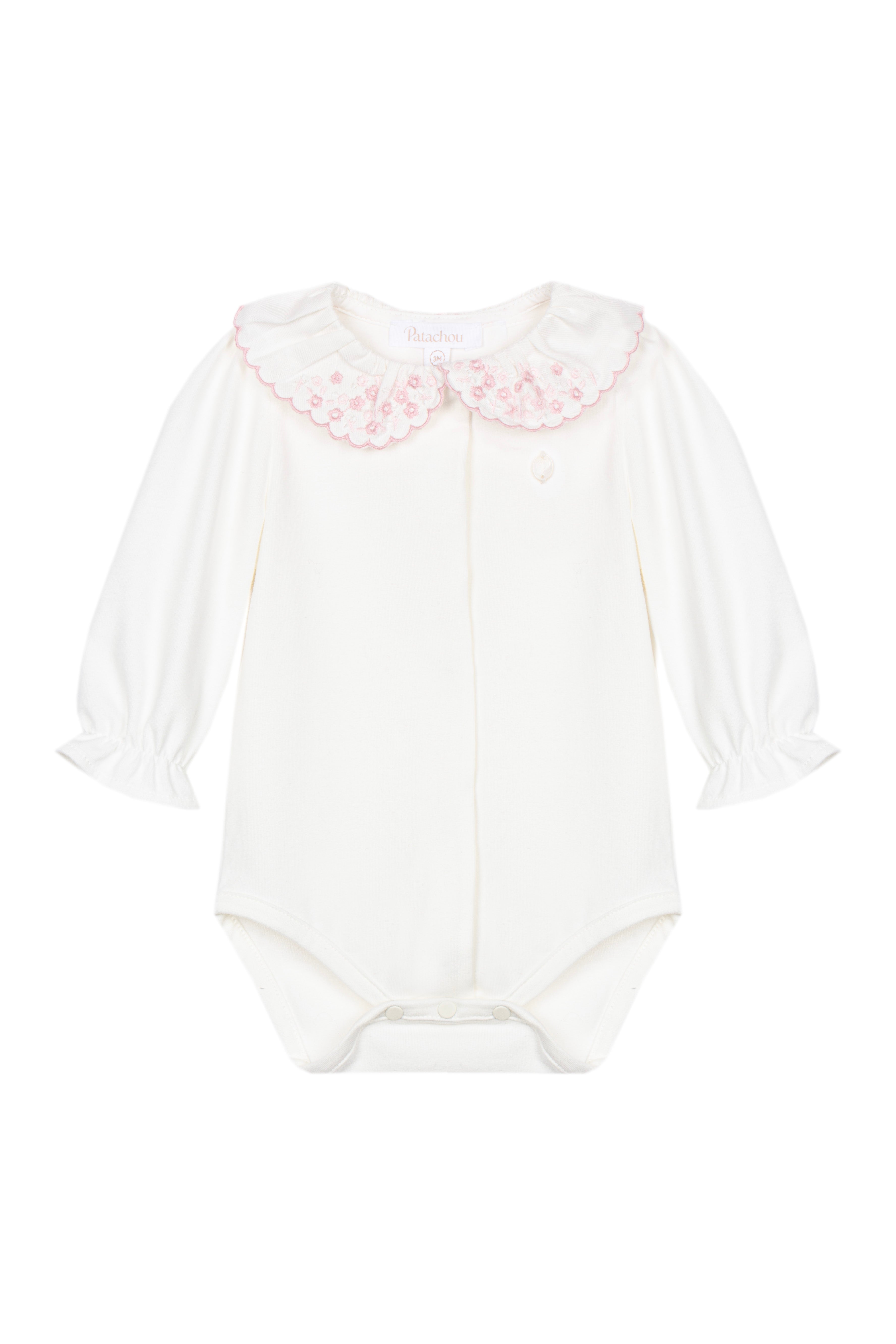 Body cru com gola bordada em rosa "Sweet pink"