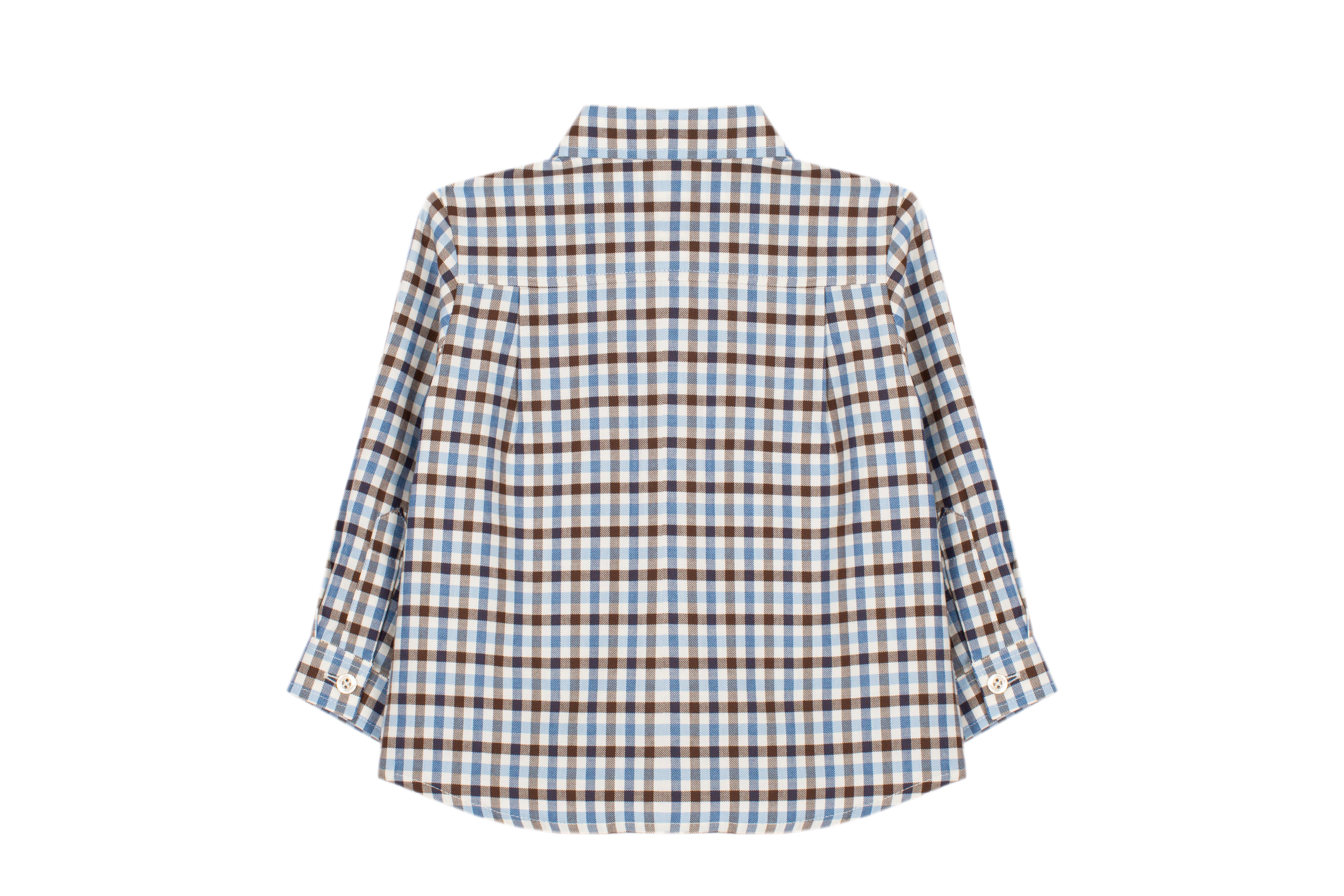 Conjunto camisa xadrez e calça castanha de menino da Patachou "Blue brown"
