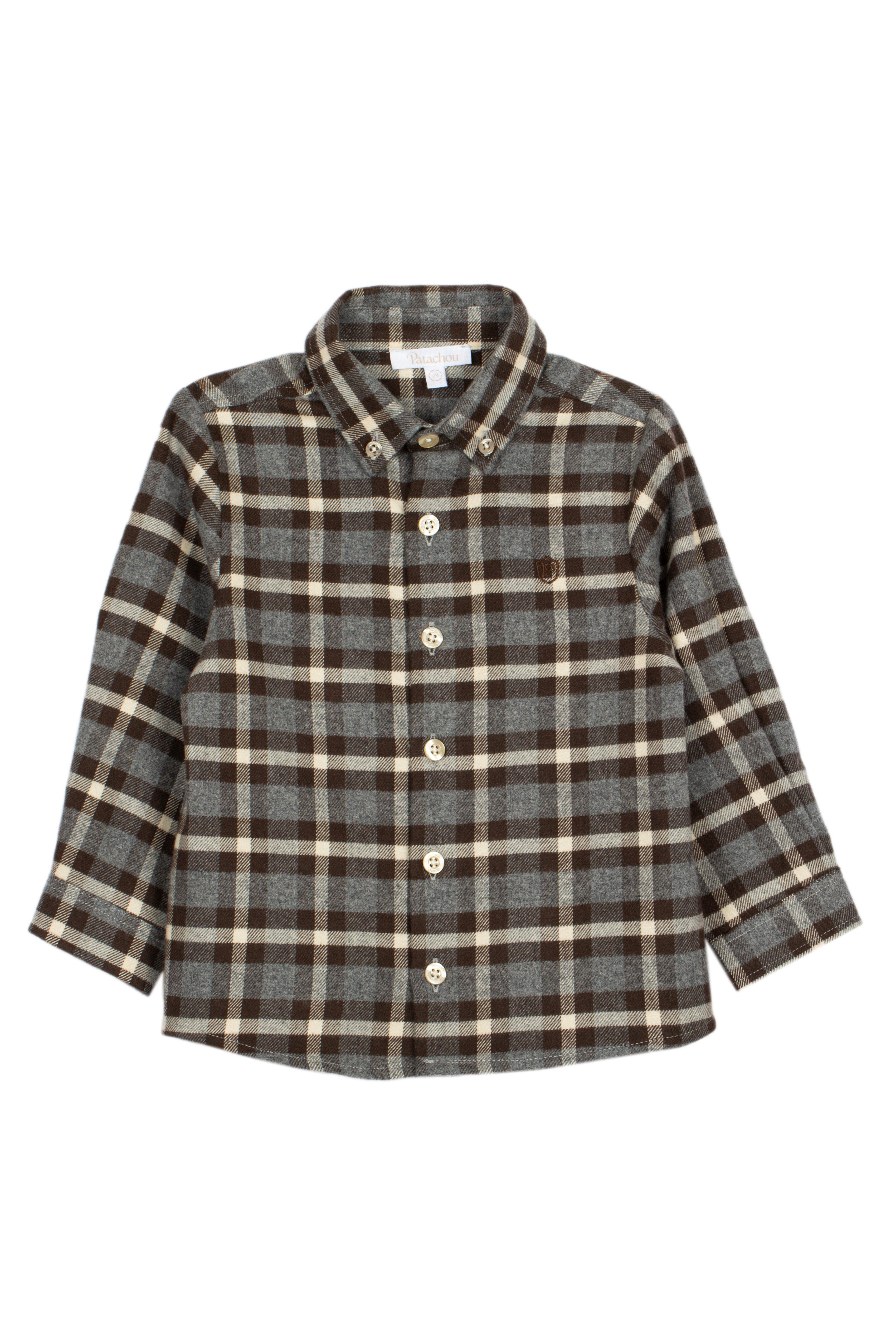 Conjunto camisa xadrez e calça flanela bege de menino da Patachou "Brown grey"