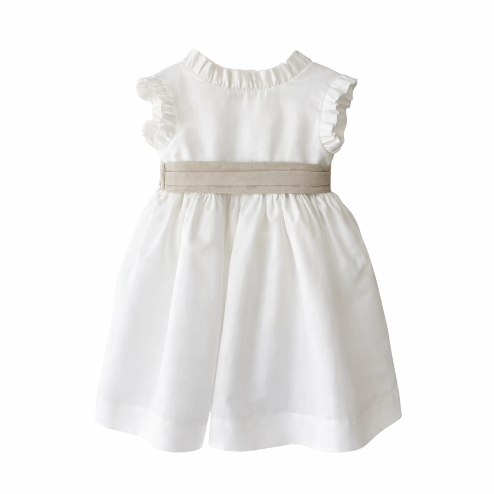 Vestido em linho pérola com faixa bege para cerimonia da Niseret