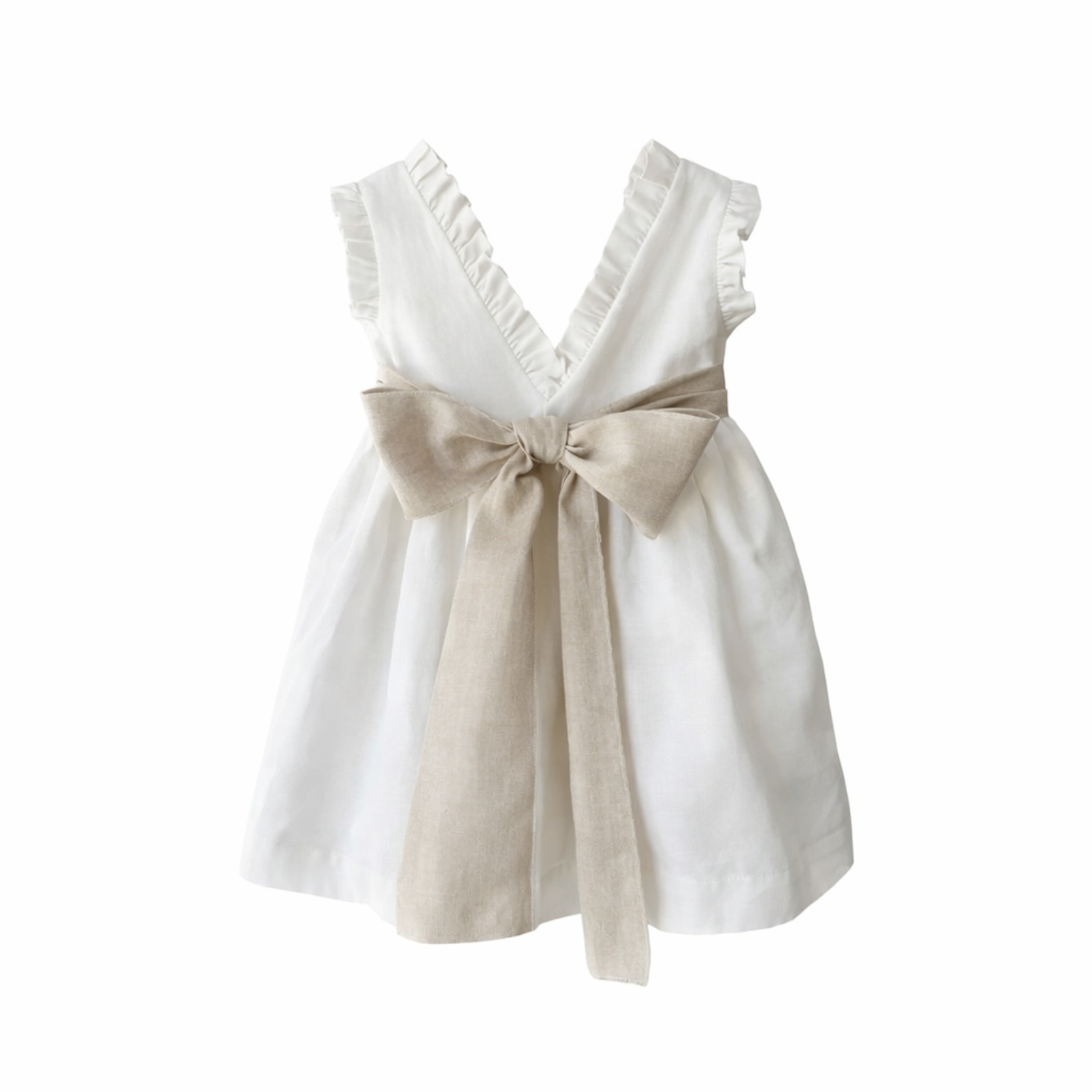Vestido em linho pérola com faixa bege para cerimonia da Niseret