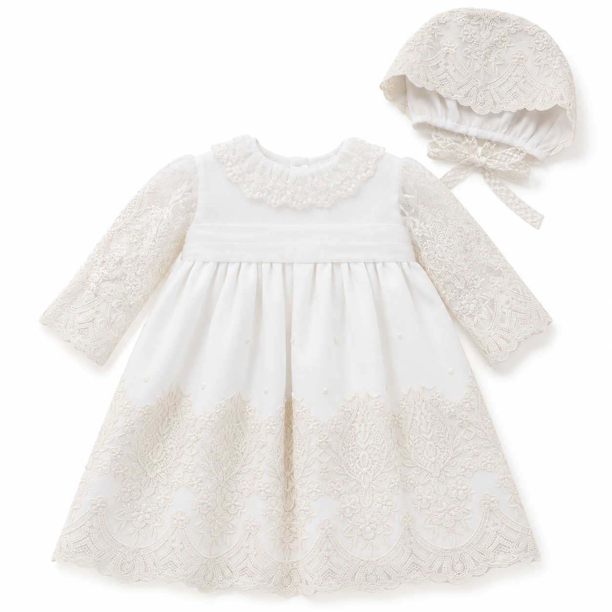 Vestido com tapa fralda e touca de cerimónia da Niseret
