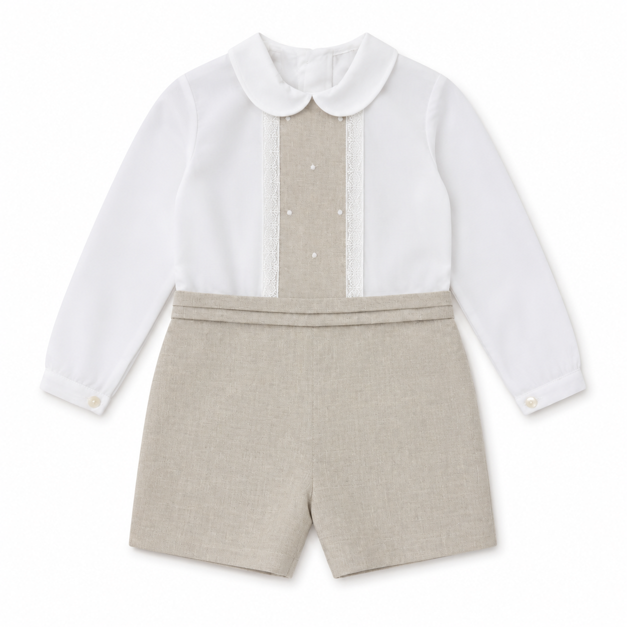 Conjunto de cerimónia blusa pérola e calção bege da Niseret